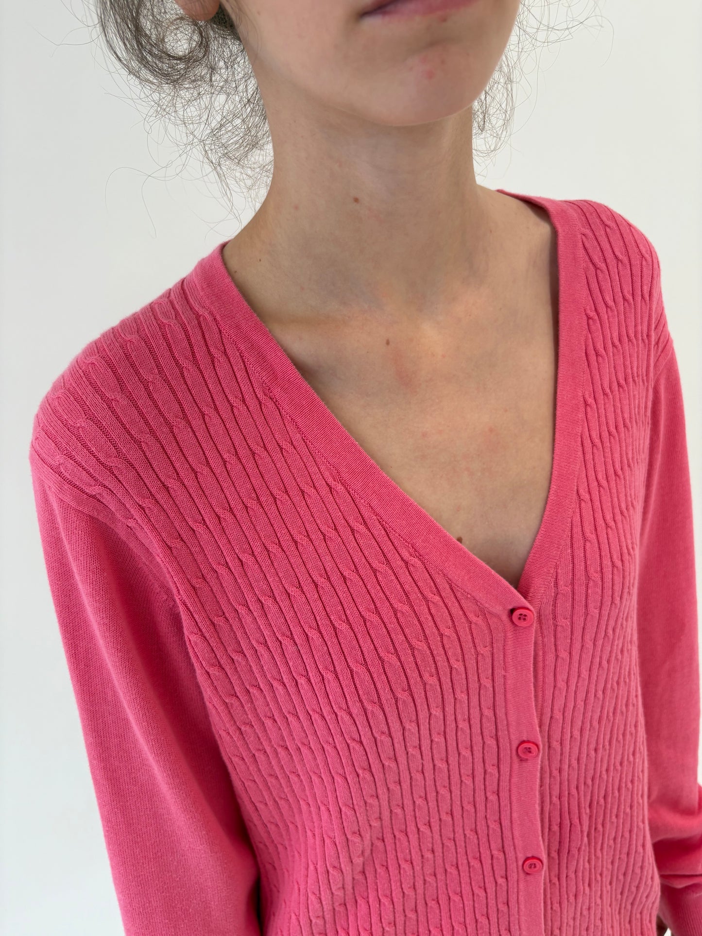 Cardigan neon pink cu torsade din bumbac