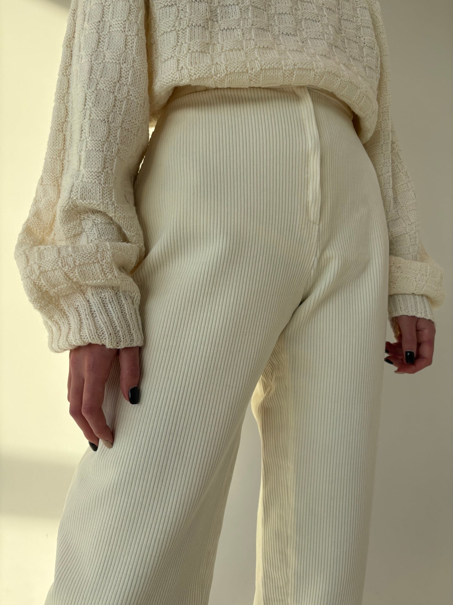 Pantaloni vintage petite butter white din corduroy cu talie ultra înaltă mom fit