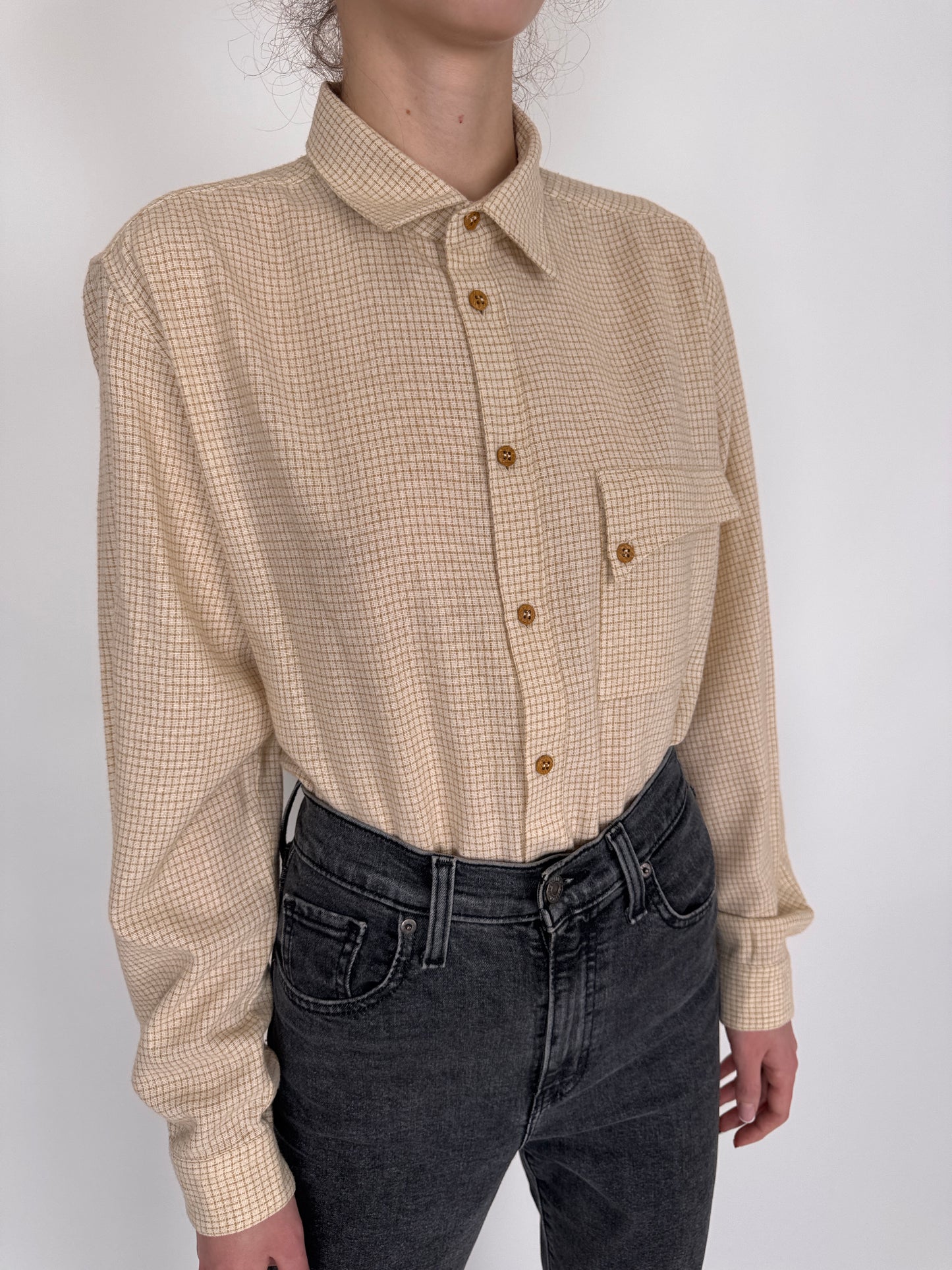 Cămașa vintage ivoire de brand luxury din mix de lana în carouri camel