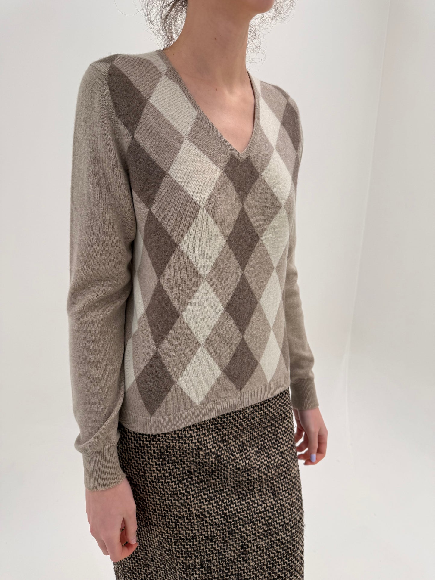 Pulover din cașmir luxury italian în romburi și nuanțe neutre superbe