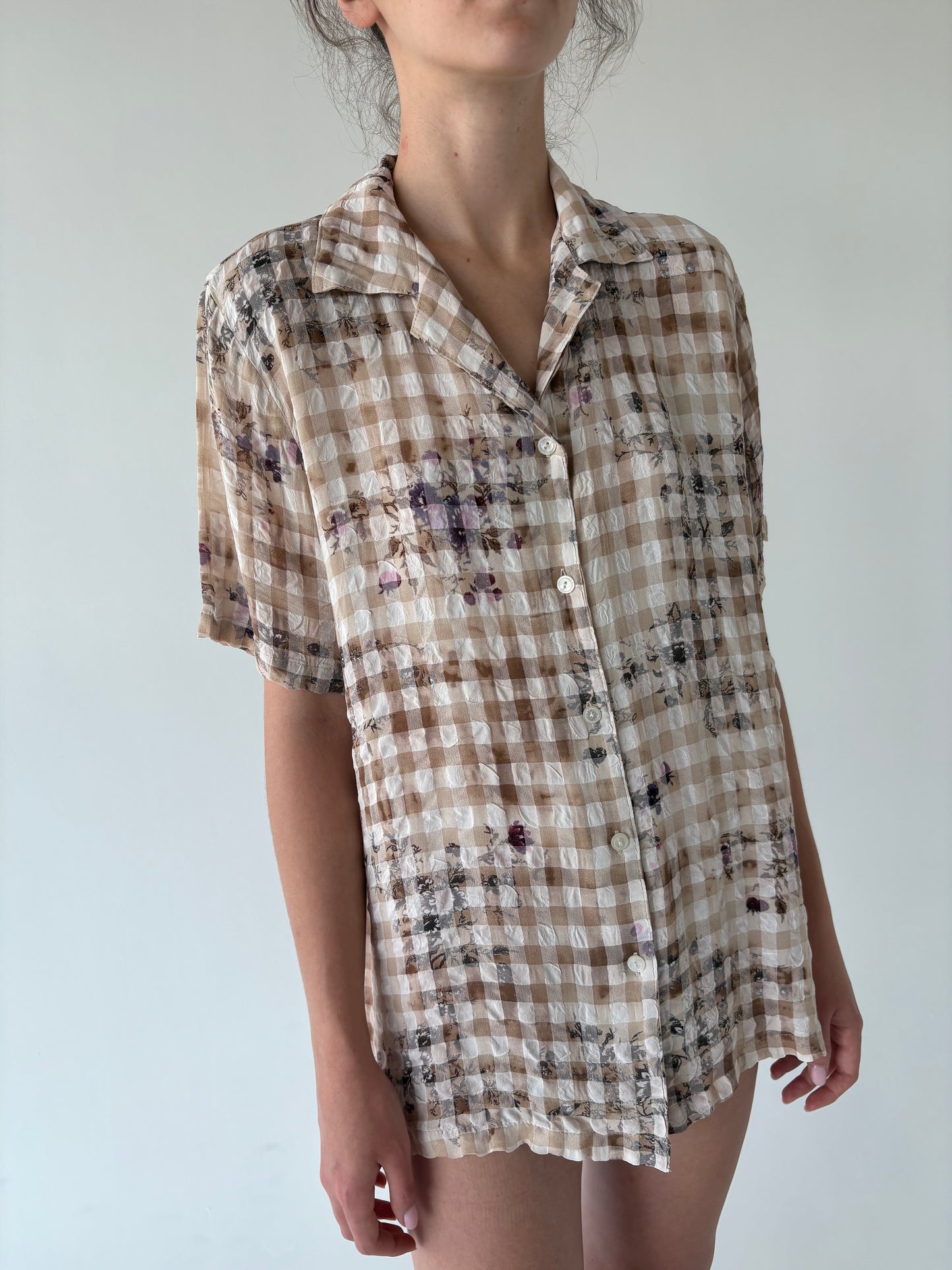 Cămașa vintage din seersucker vaporos și print superb