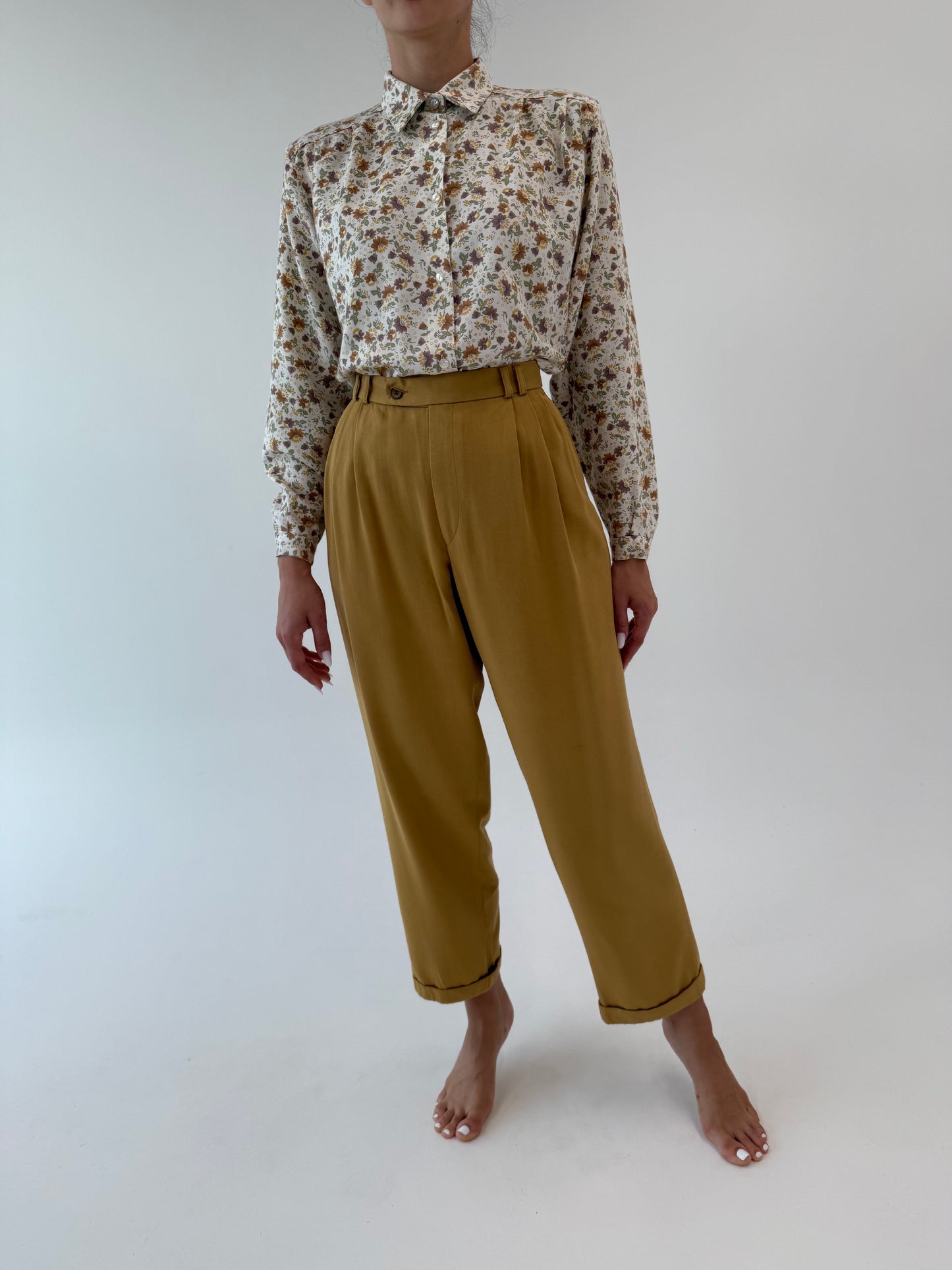 Pantaloni vintage camel din bumbac super gros cu pense și manșete