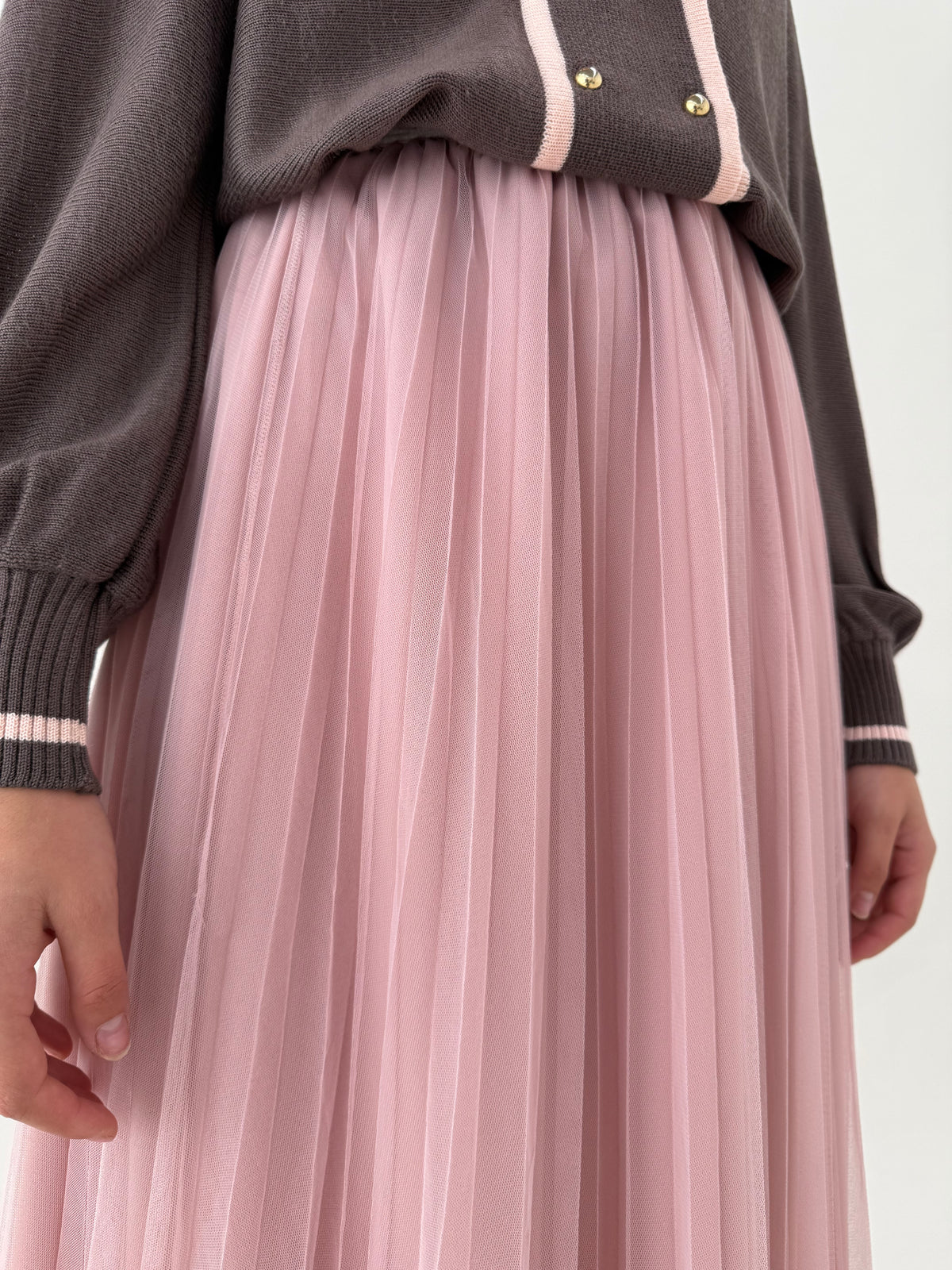 Fustă powder Pink din tulle midi lung cu talie ultra înaltă elastică