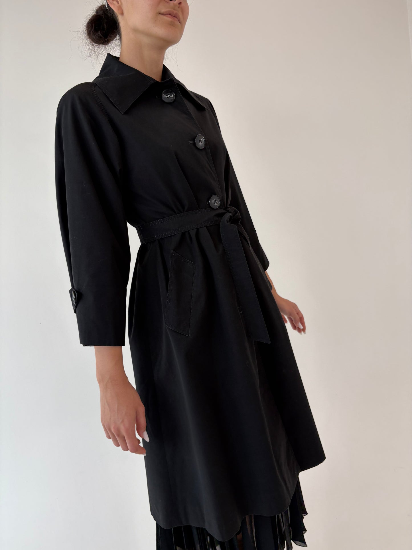 Trench vintage negru petite impermeabil cu talie marcată