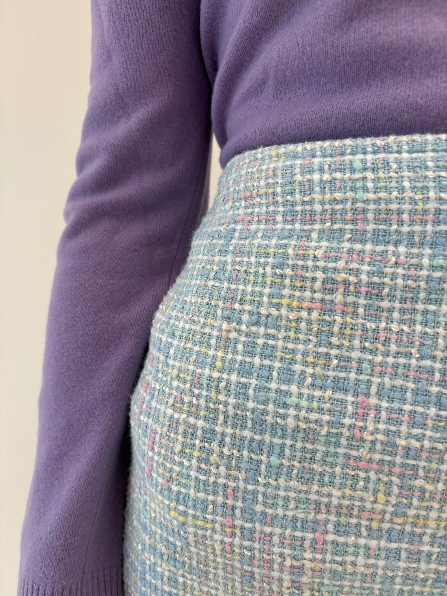 Deux piece baby blue în stil Chanel din tweed
