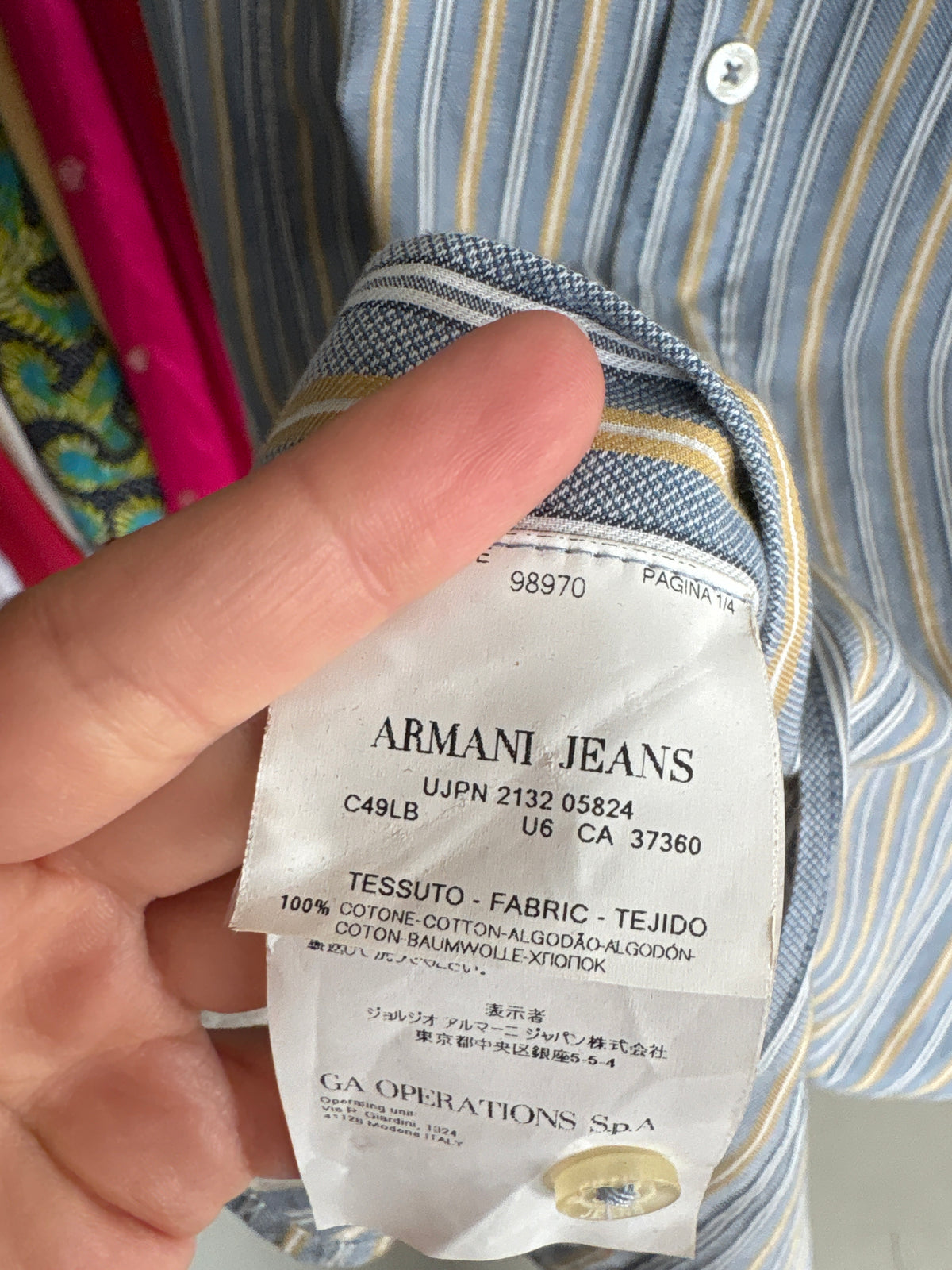 Cămașa Armani tall plus size baby blue cu dungi verticale camel din bumbac texturat