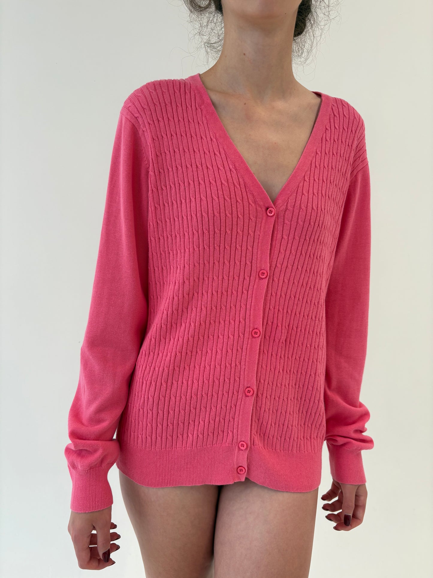 Cardigan neon pink cu torsade din bumbac