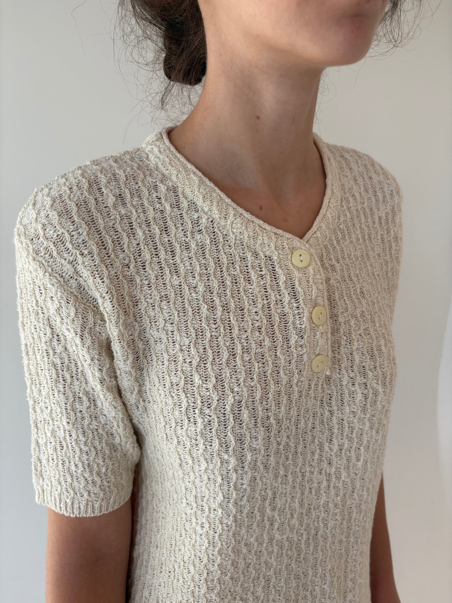 Top vintage butter white din tricot de bumbac texturat de gramaj mare