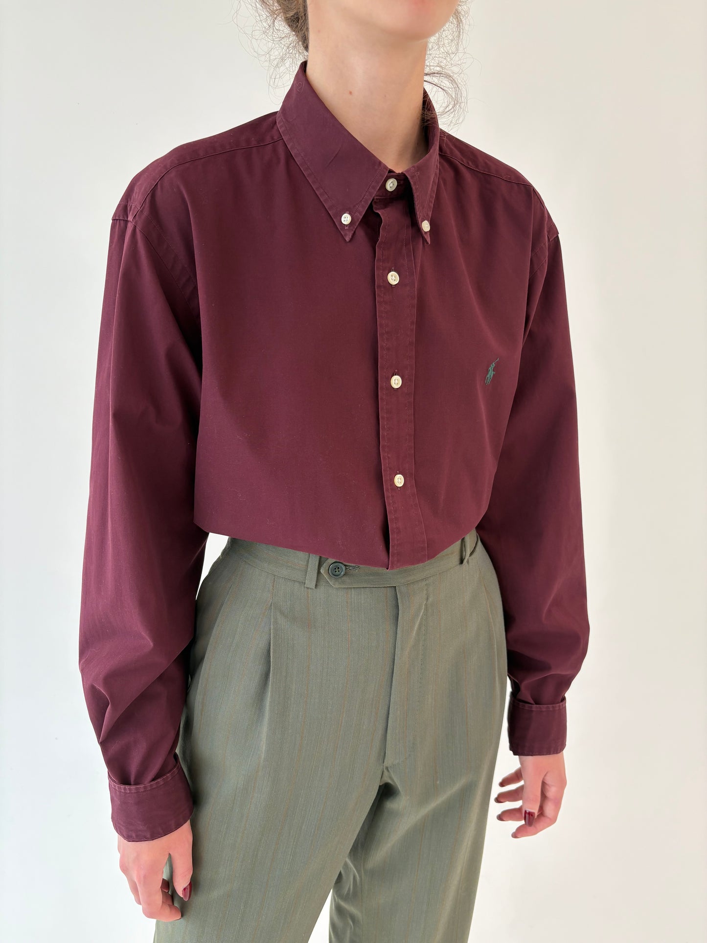 Cămașa Ralph Lauren burgundy în croi oversized din bumbac gros
