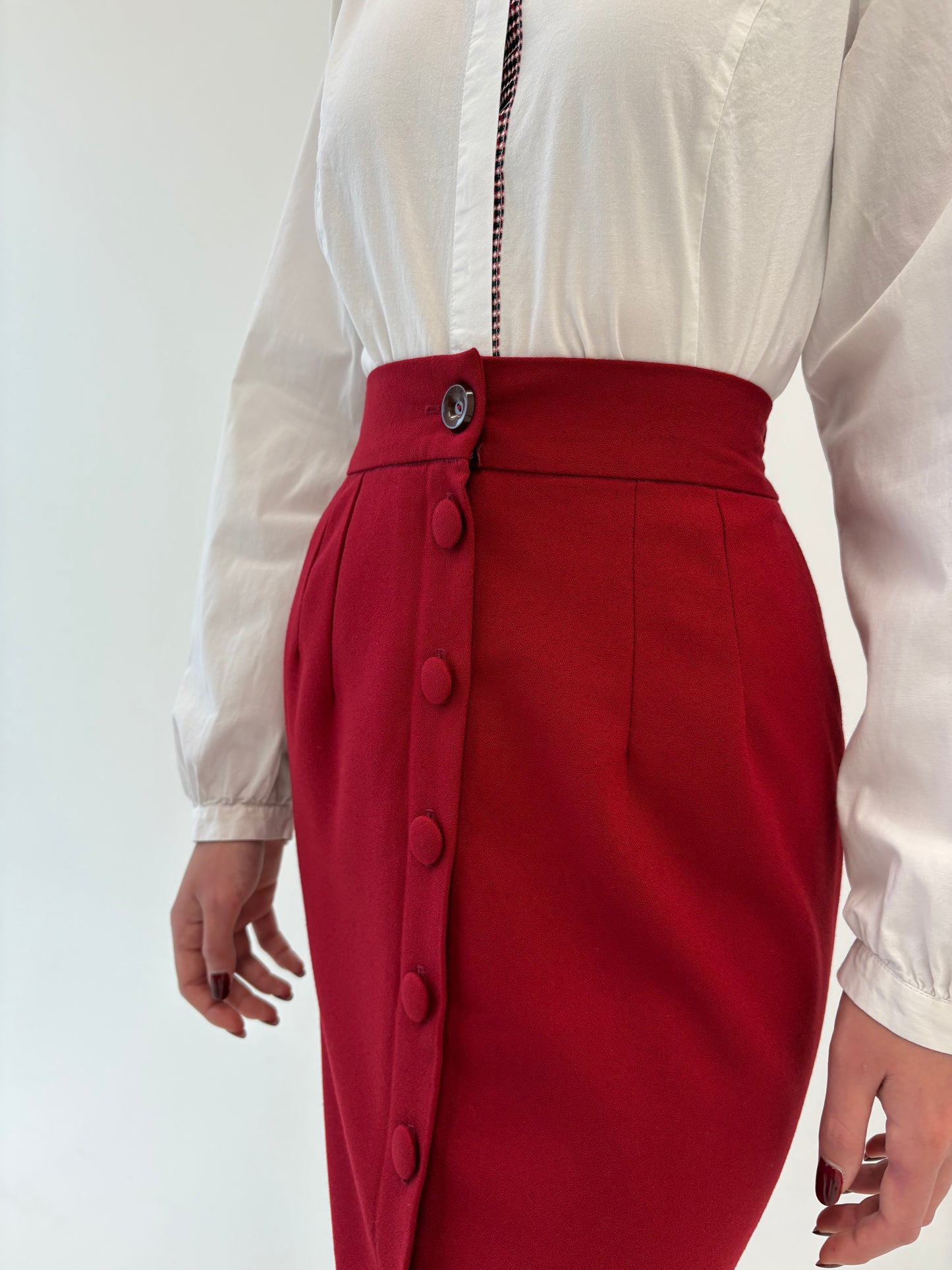 Fustă dark cherry red din stofita midi spre maxi cu talie ultra înaltă marcată