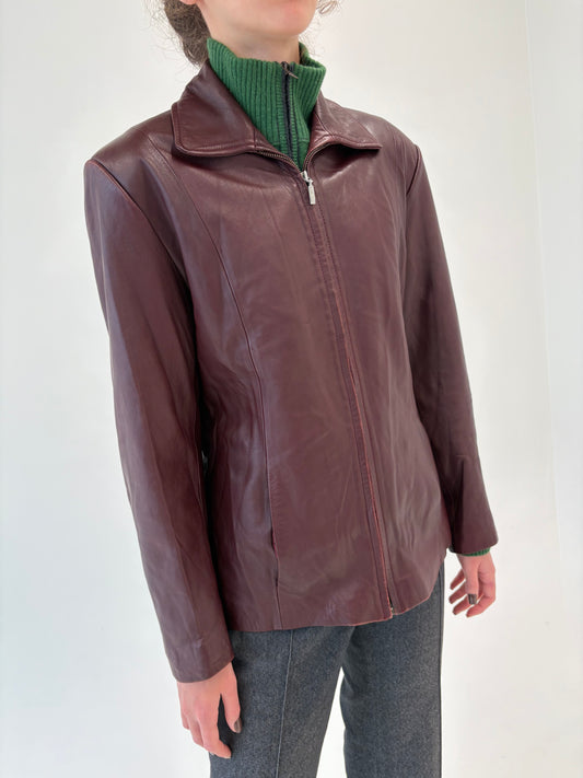 Geacă Versace din piele naturală burgundy  moale în croi ușor cambrat