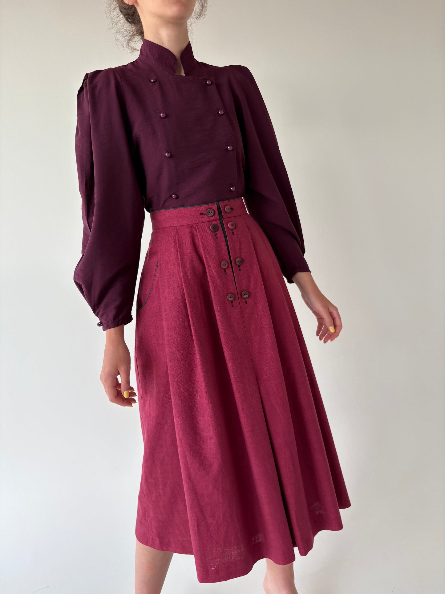 Fustă vintage burgundy din pânză cu talie ultra înaltă și buzunare