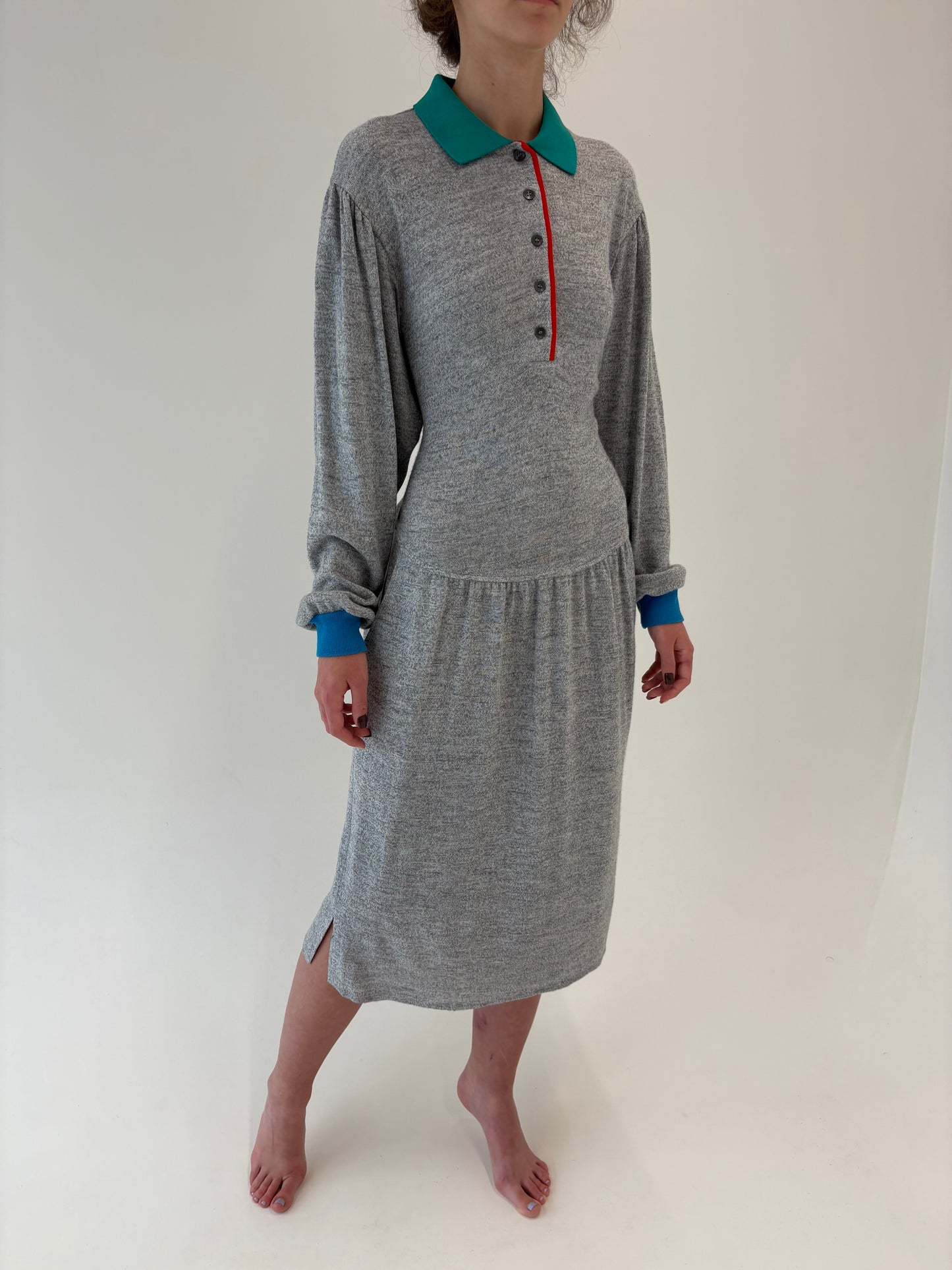 Rochie vintage maxi din jerse cu influențe casual cu buzunare