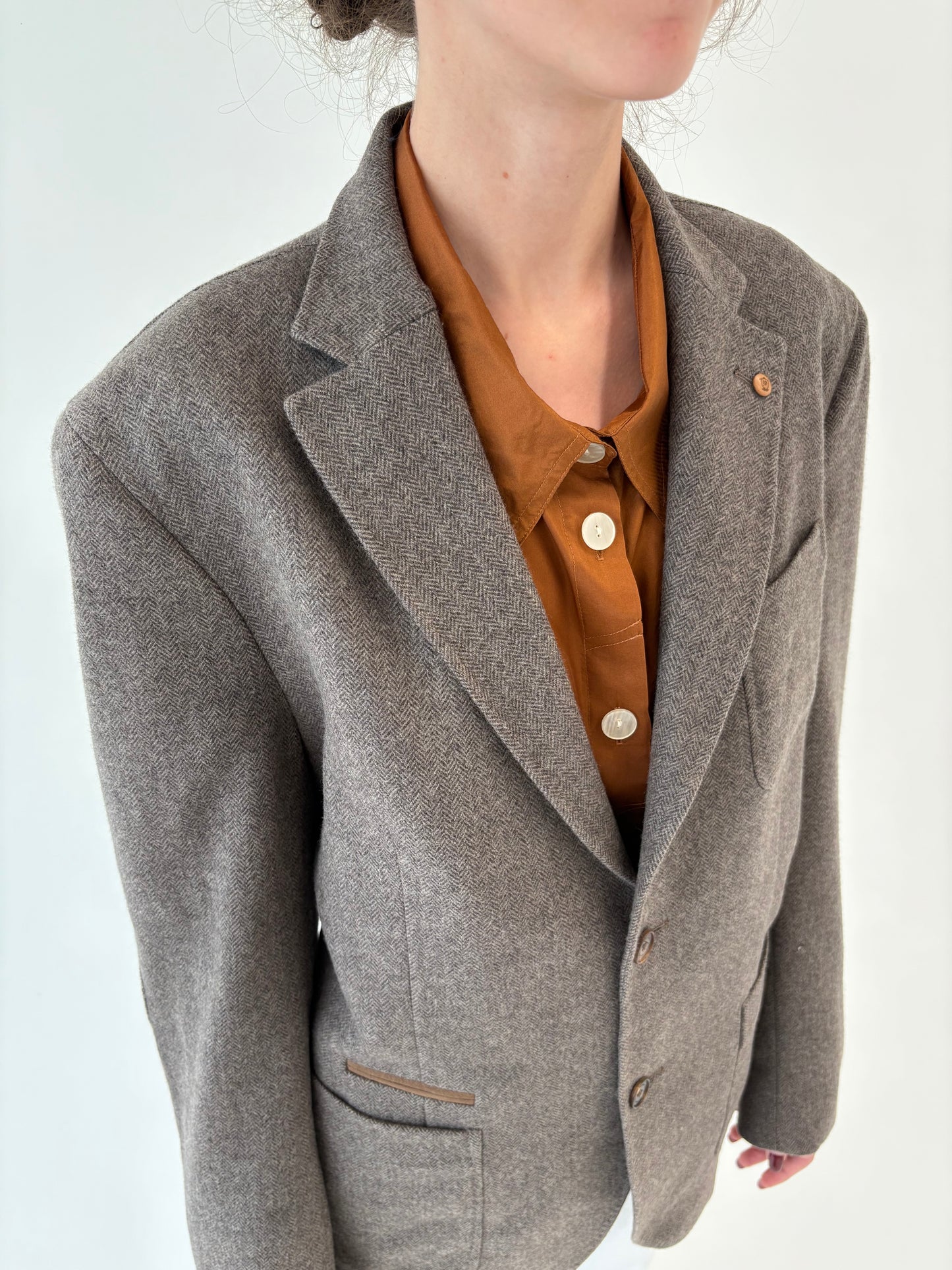 Sacou din stofă de lana Chevron plină extrafina camel și warm gray