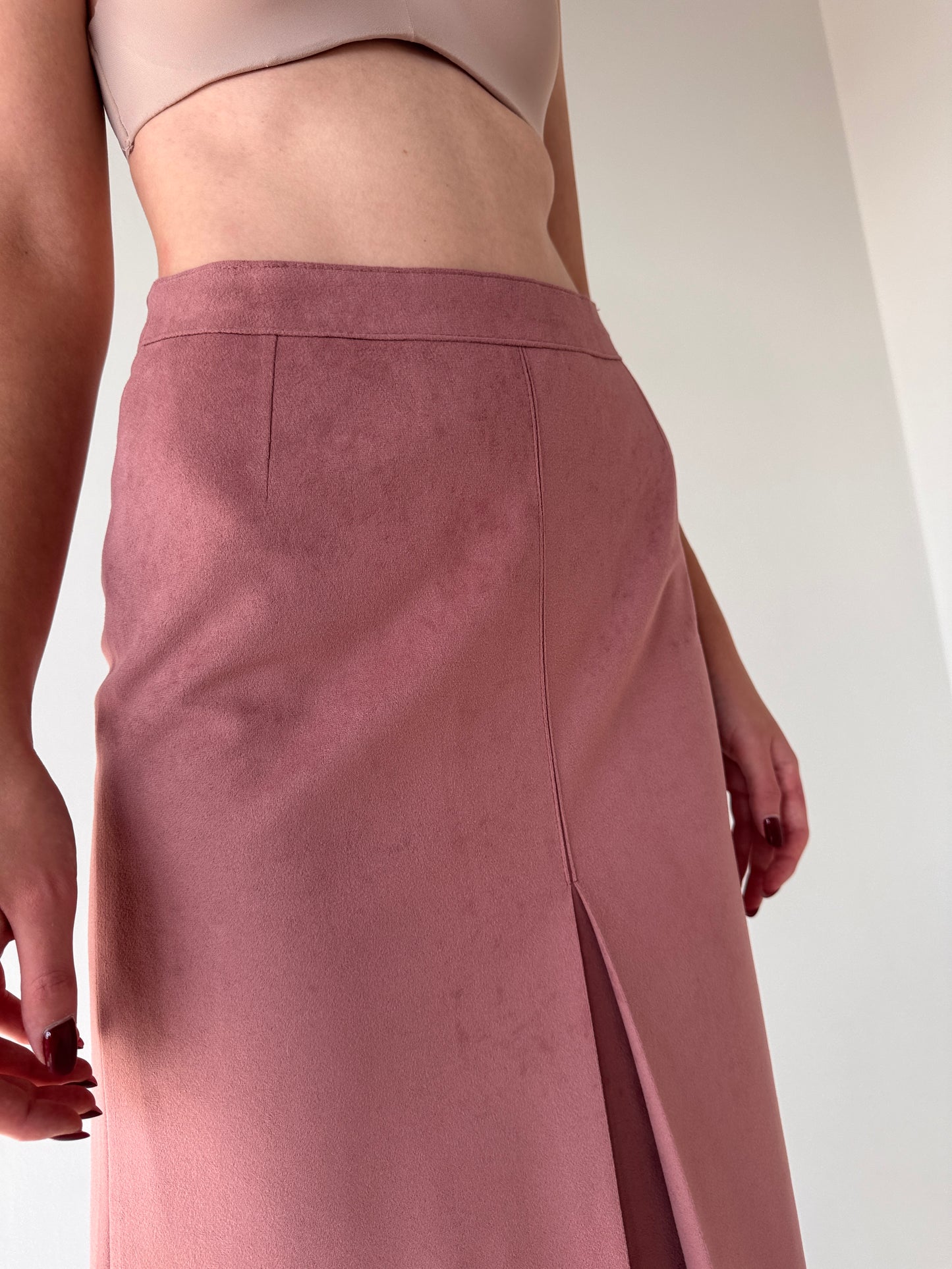 Fustă vintage old rose pink cu aspect de piele întoarsă
