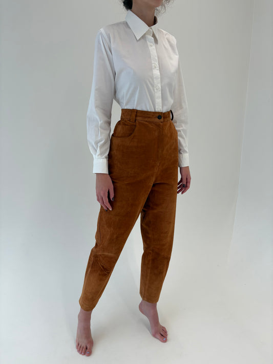 Pantaloni caramel tall din piele naturală cu talie ultra ultra înaltă