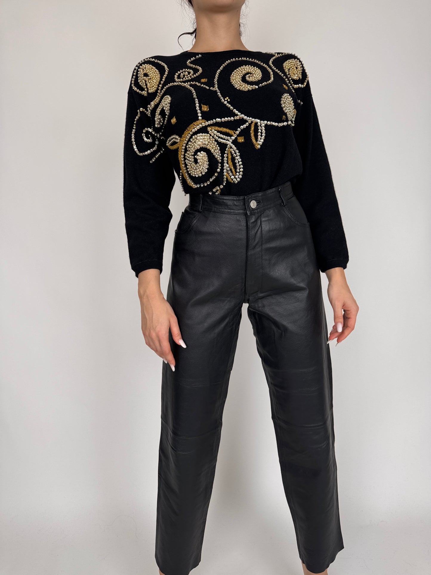 Pantaloni din piele naturală moale cu talie înaltă
