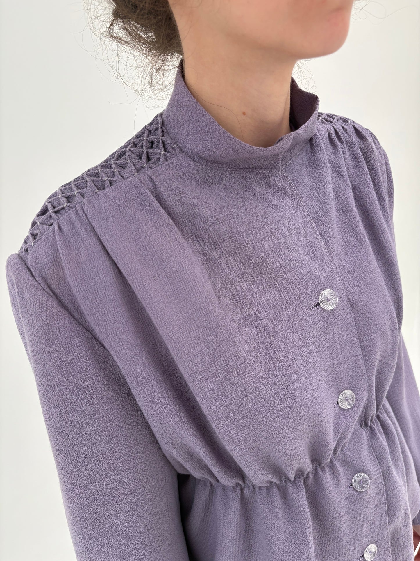 Set old vintage couture anii 70 din creppe de lana extrafina dusty lavender