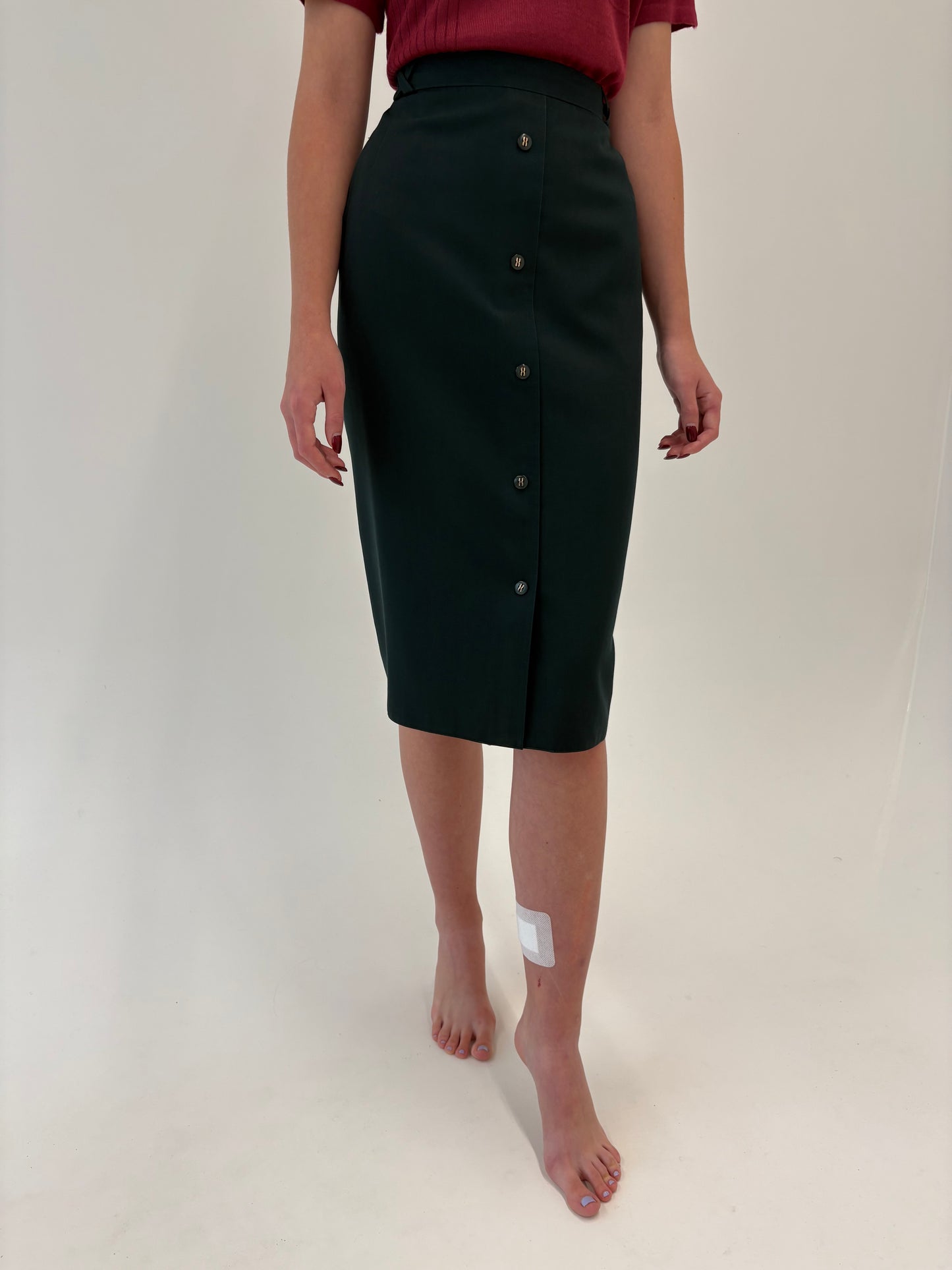 Fustă forest green cu talie ultra înaltă marcată elastică în croi conic
