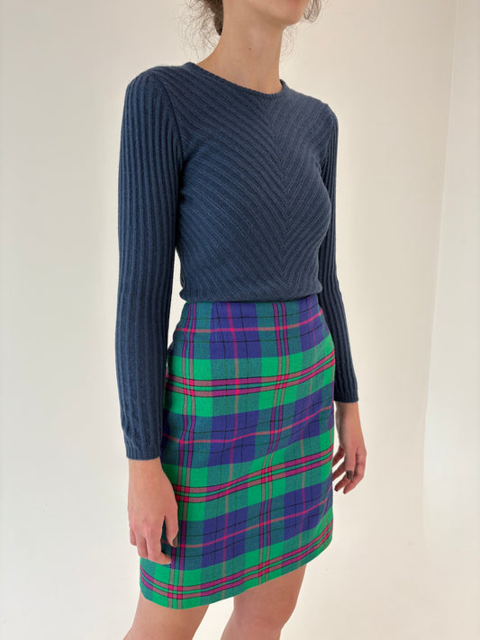 Fustă italiană din lana din Tartan în culori tari cu talie ultra înaltă