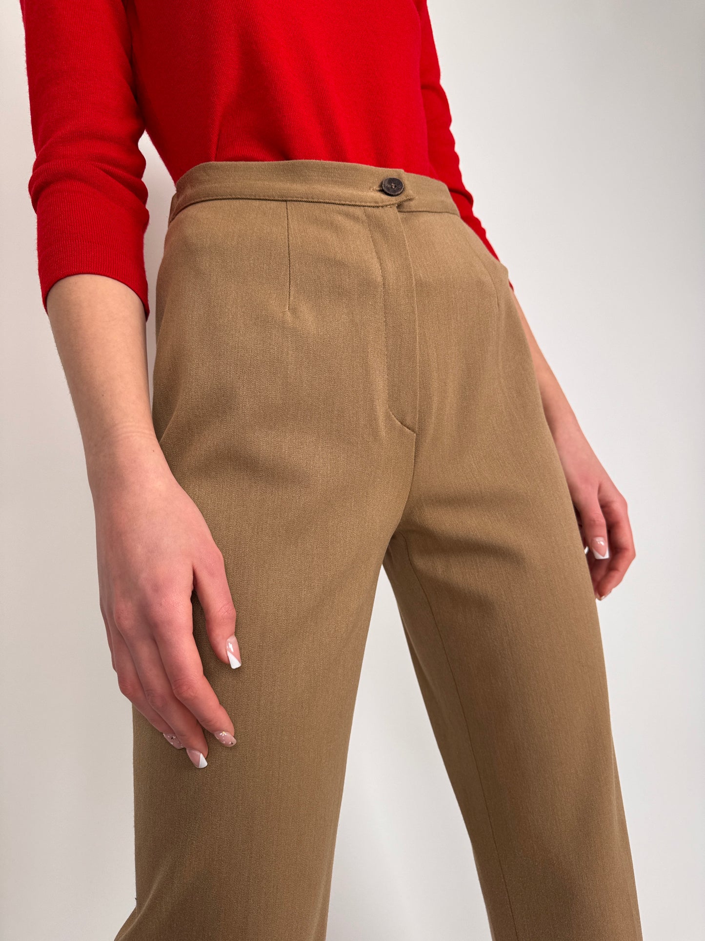 Pantaloni business camel strech cu talie înaltă