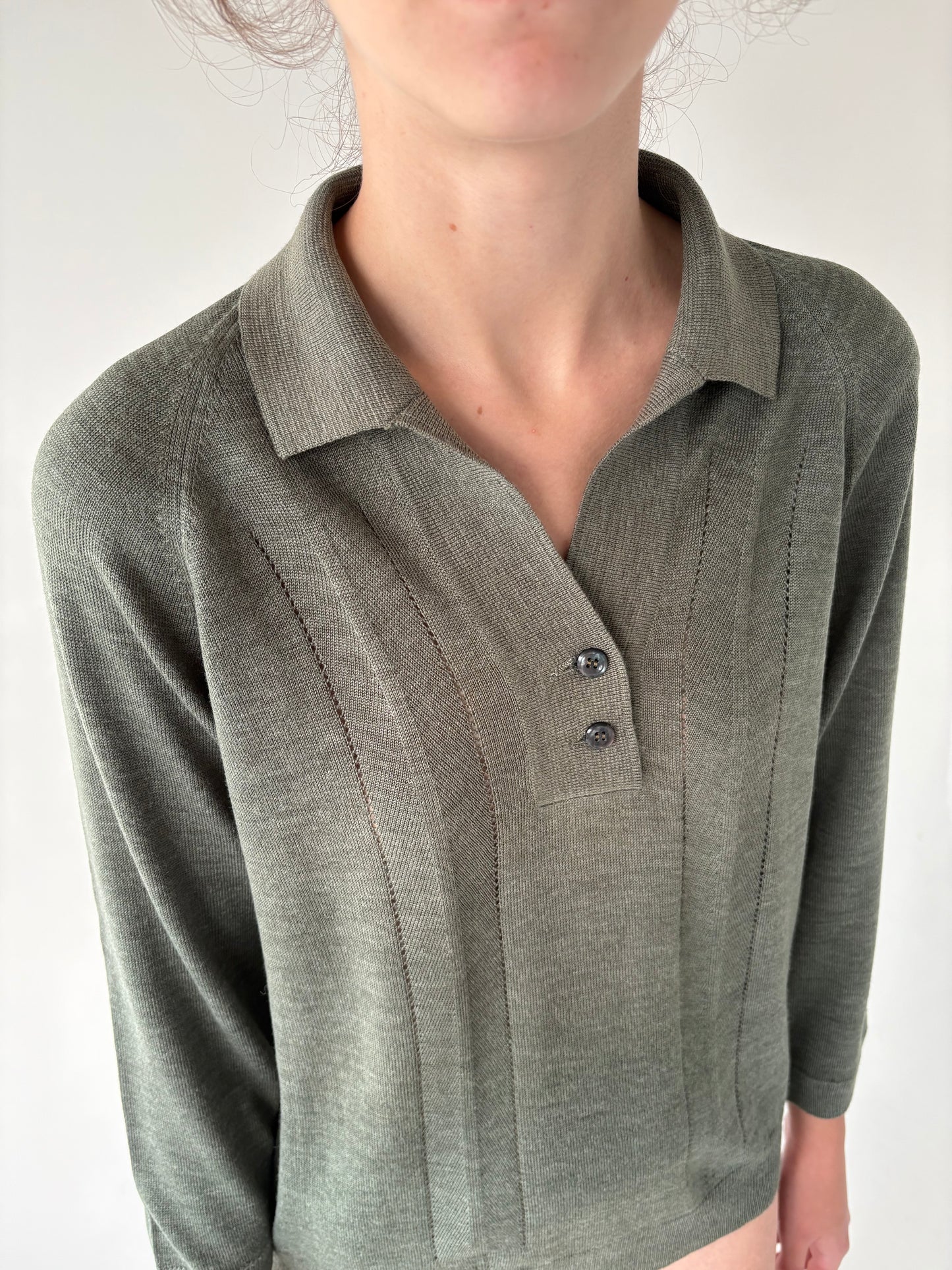 Pulover vintage polo petite verde Sage din lana extrafina