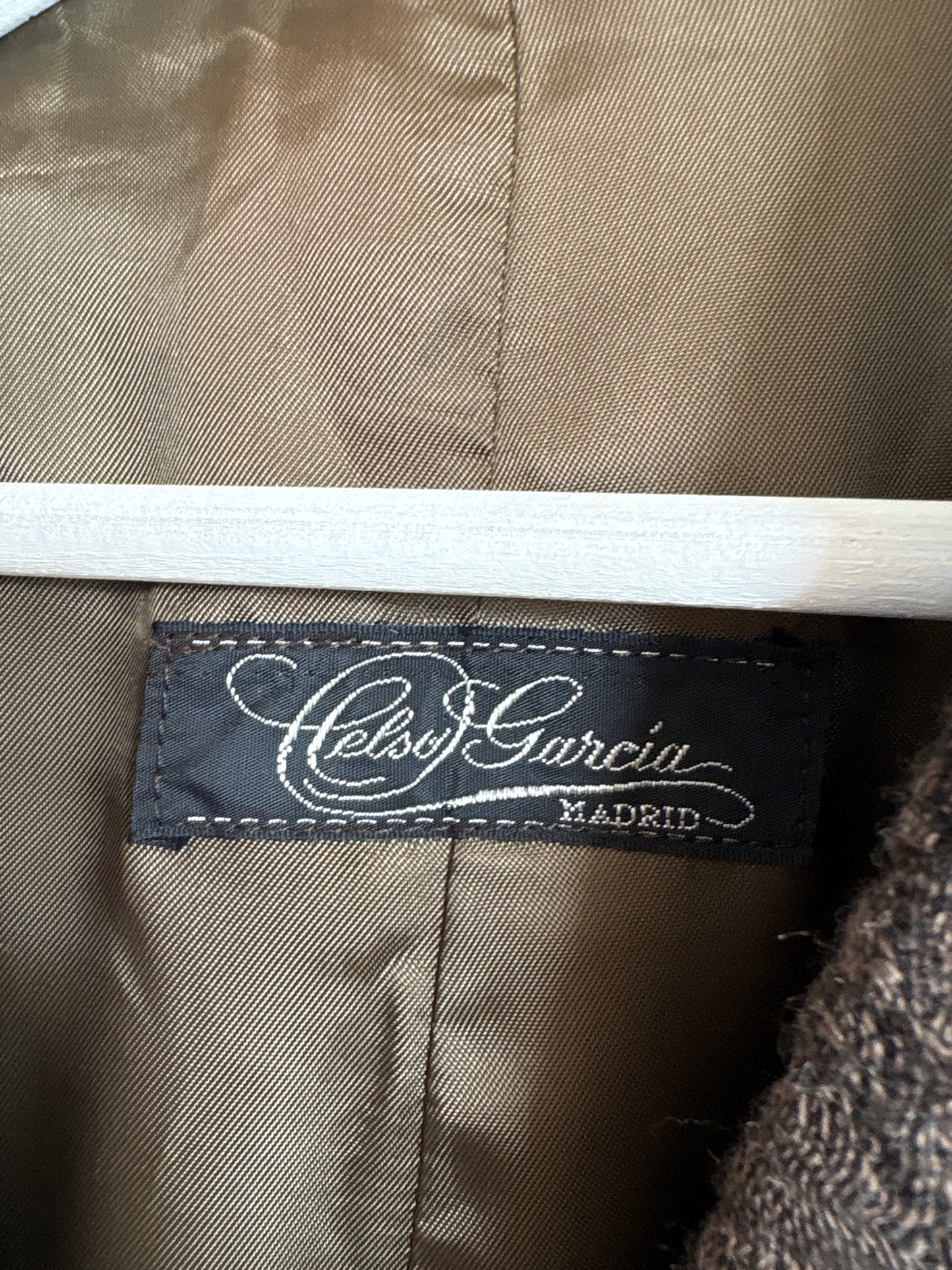 Sacou lung vintage excepțional din stofă waffle dark chocolate brown