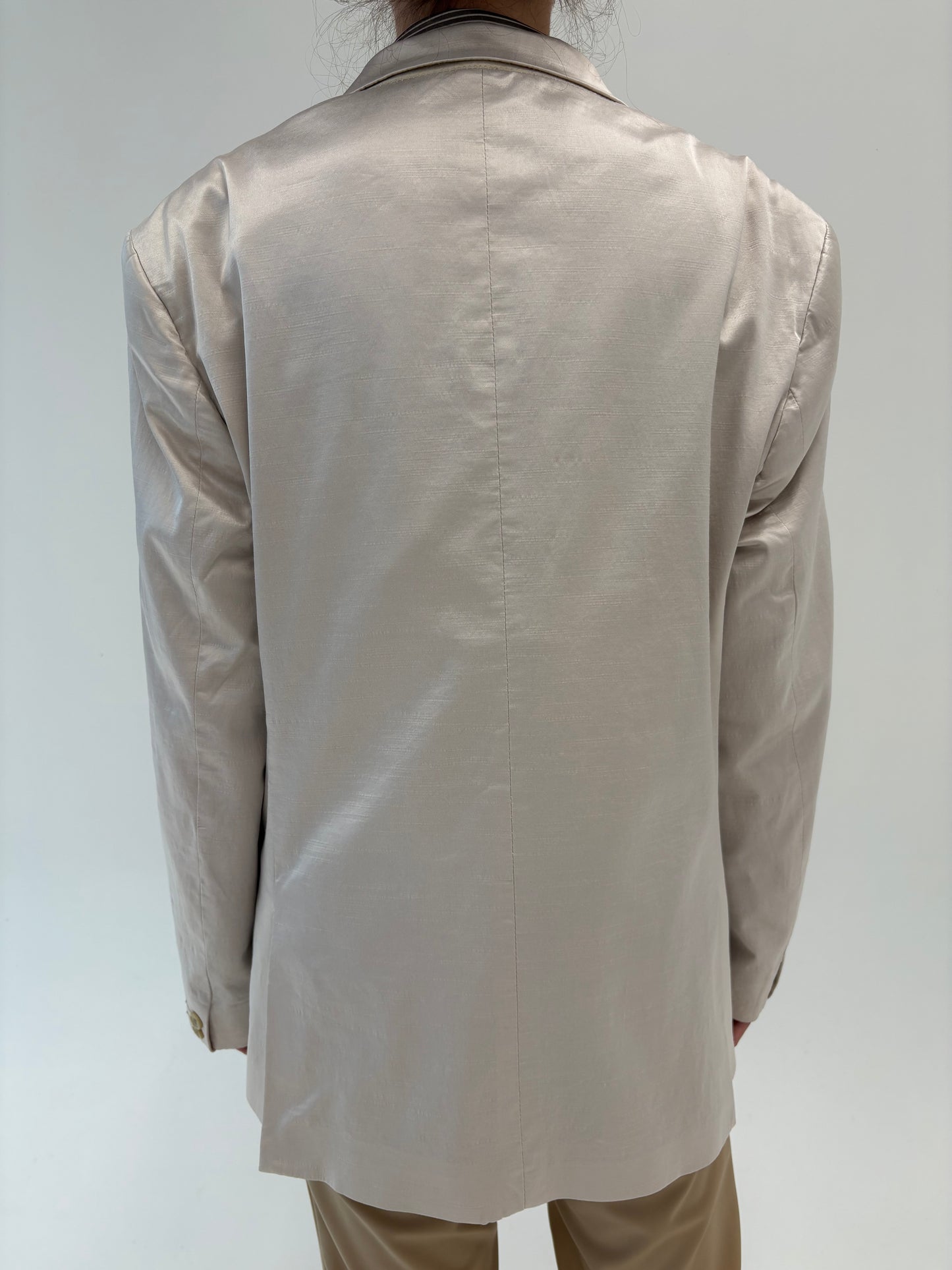 Set sacou + vestă din stofă satinata off white din mix de mătase naturală