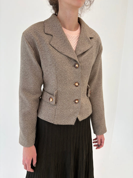 Sacou vintage cambrat chocolate brown cu ivoire din lana plină extrafina