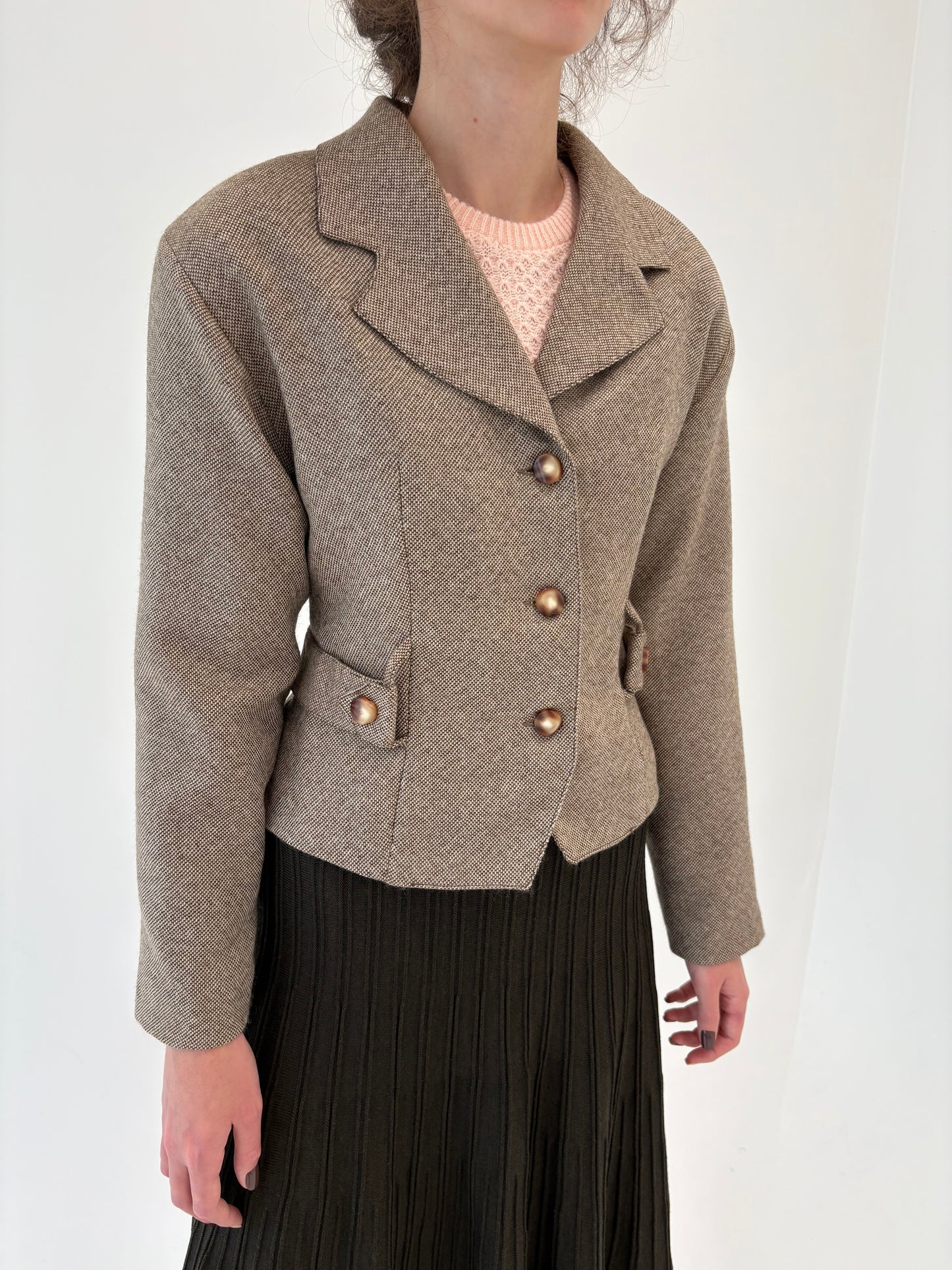 Sacou vintage cambrat chocolate brown cu ivoire din lana plină extrafina