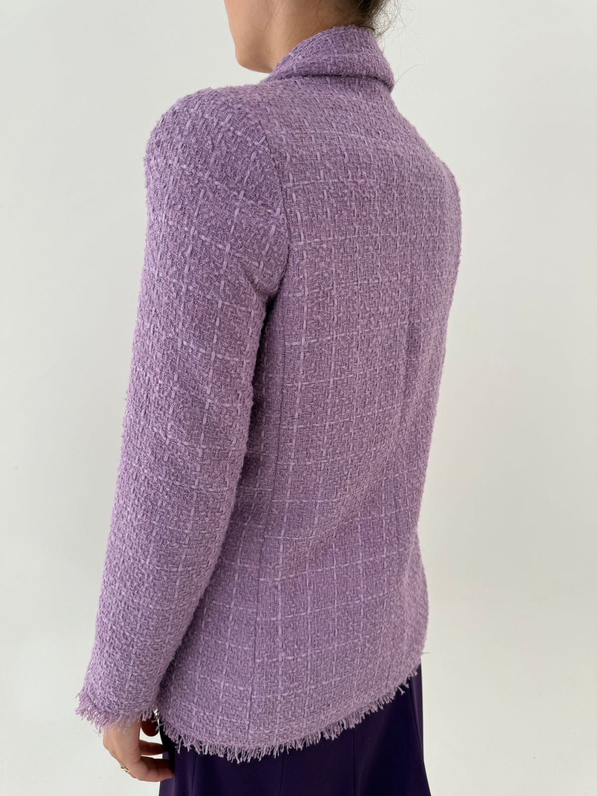 Sacouri noi în stil Balmain din tweed gros din mix de lana cu lavender cu închidere dublă