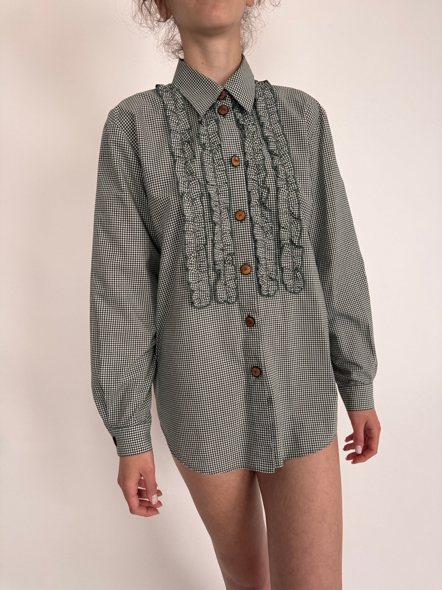 Cămașa gingham forest green cu volane volanase decorative