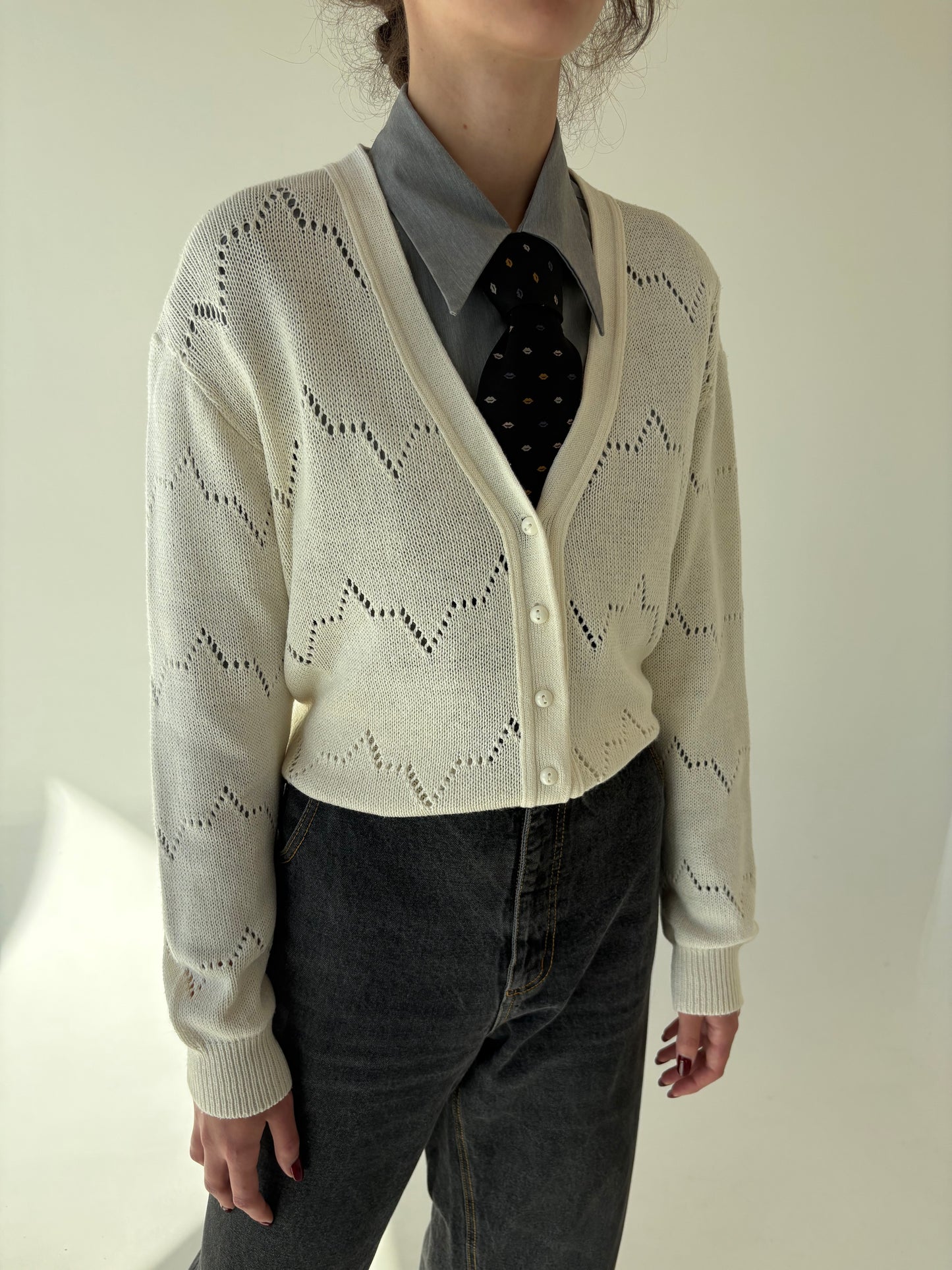 Cardigan vintage butter white din mix de lana extrafina