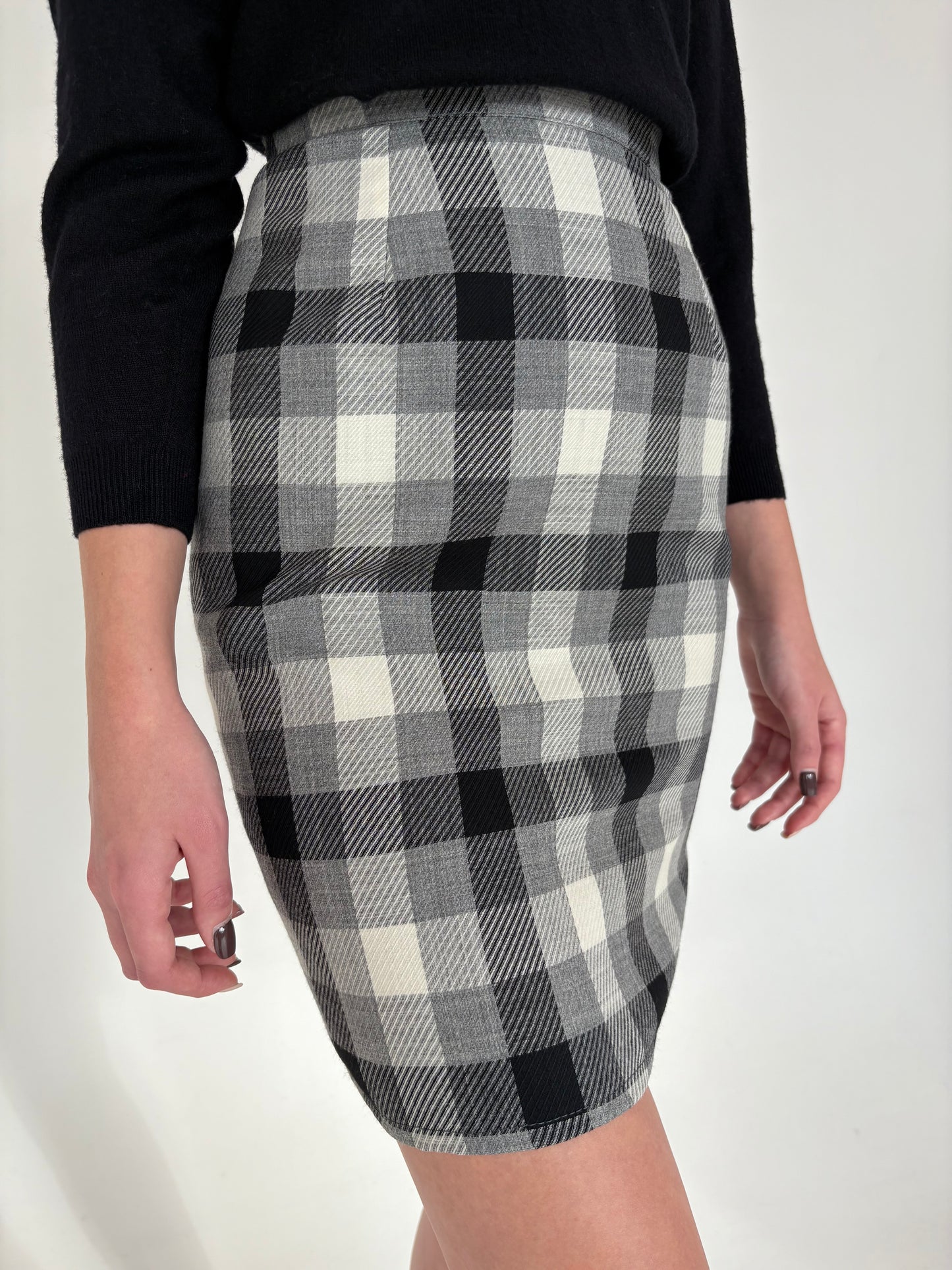 Fustă conică cu talie ultra înaltă în carouri din lana extrafina plină