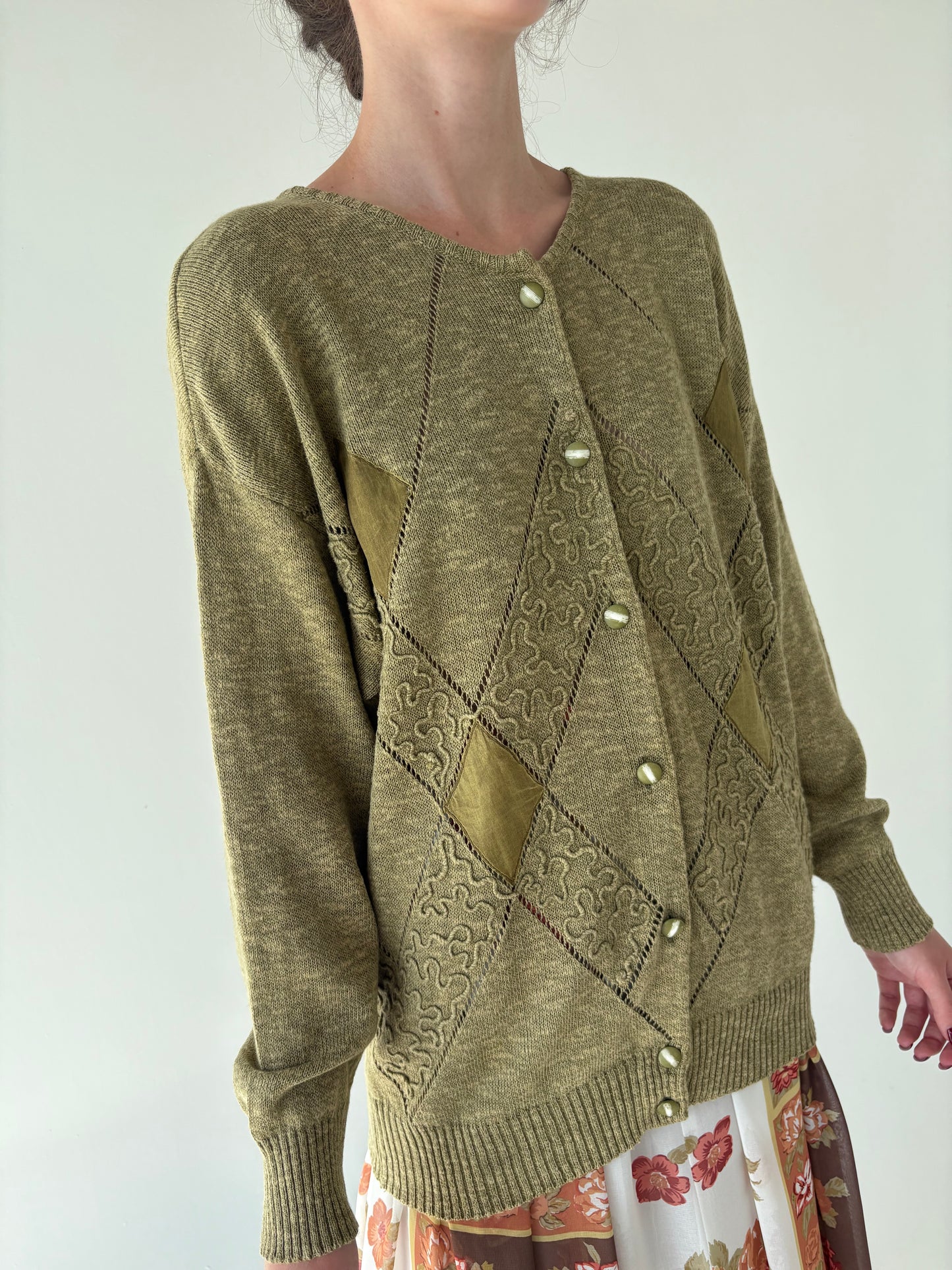 Cardigan vintage seaweed green italian lucrat patchwork și 3D