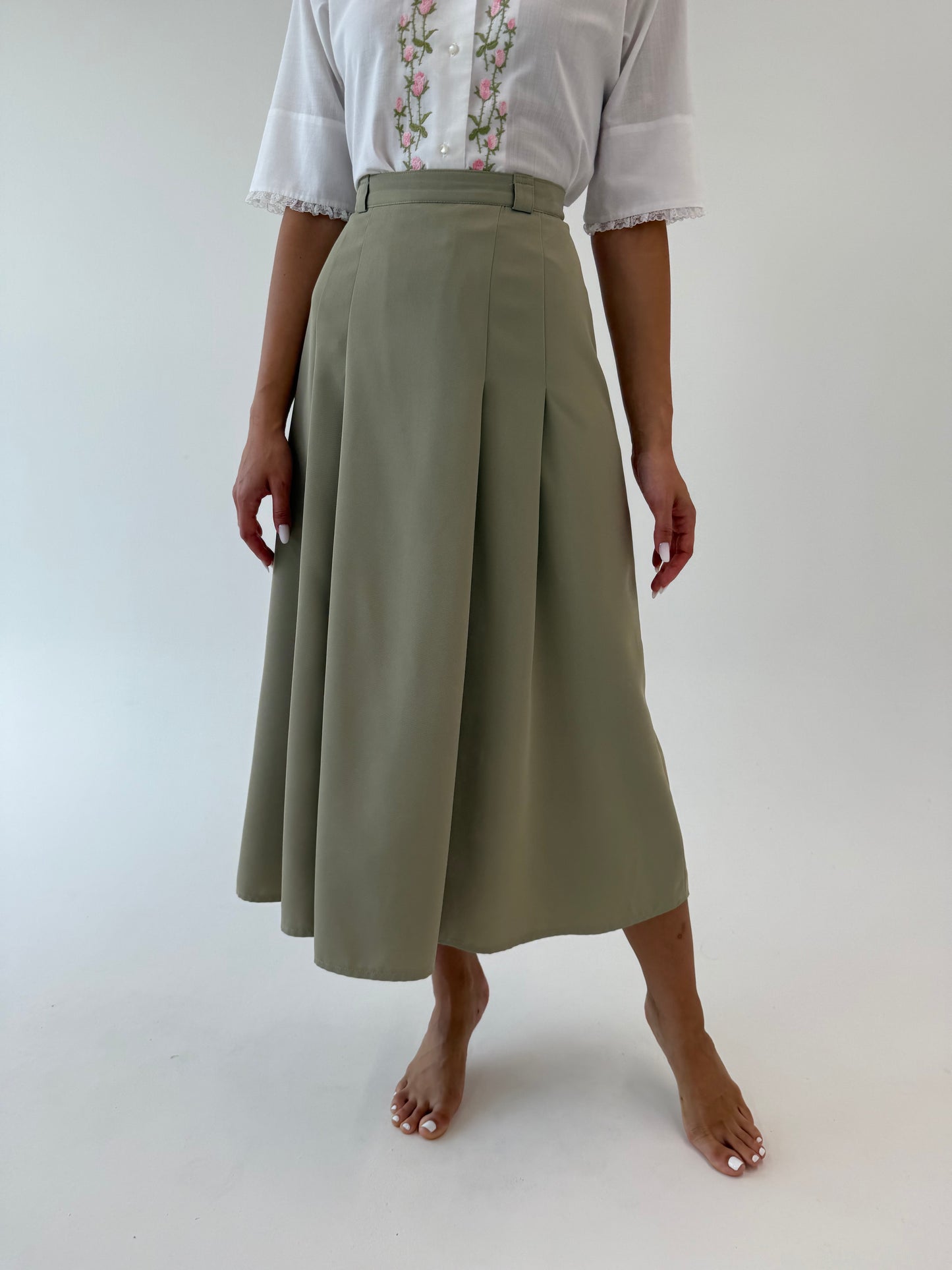 Fustă vintage midi spre maxi green nude din Georgette greu