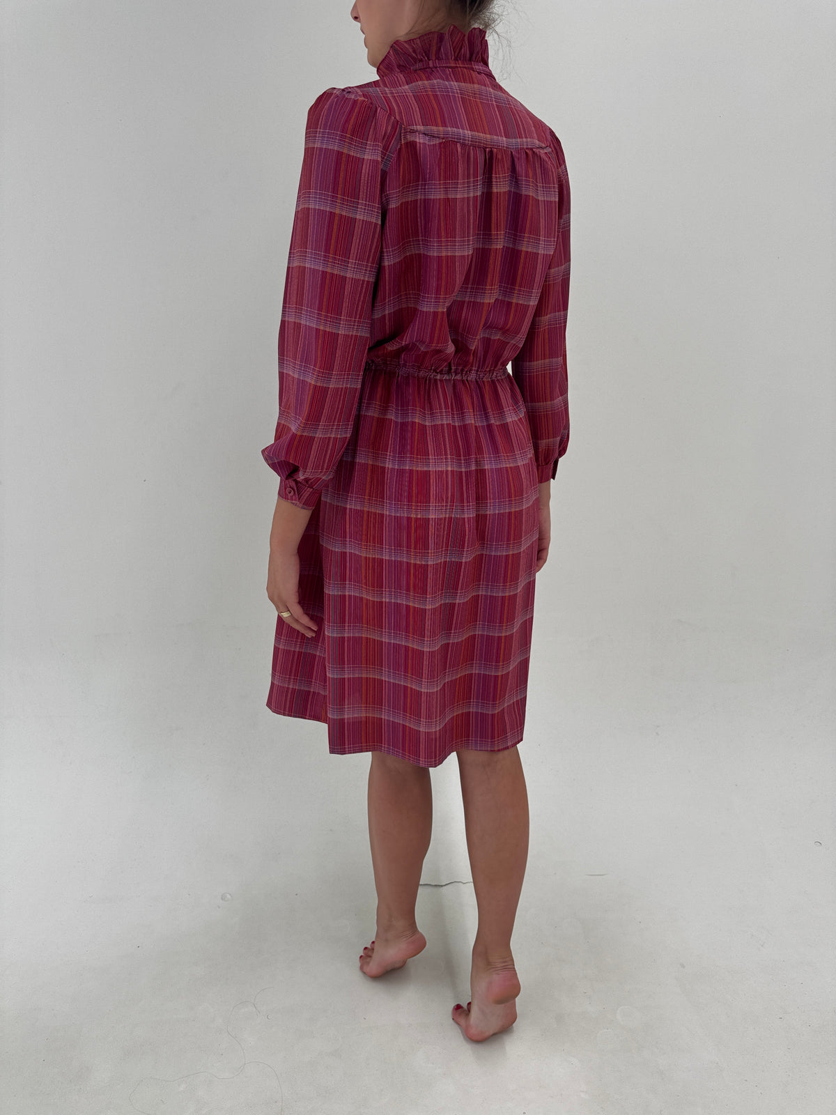 Rochie vintage în carouri și nuanțe superbe petite din mix de mătase naturală