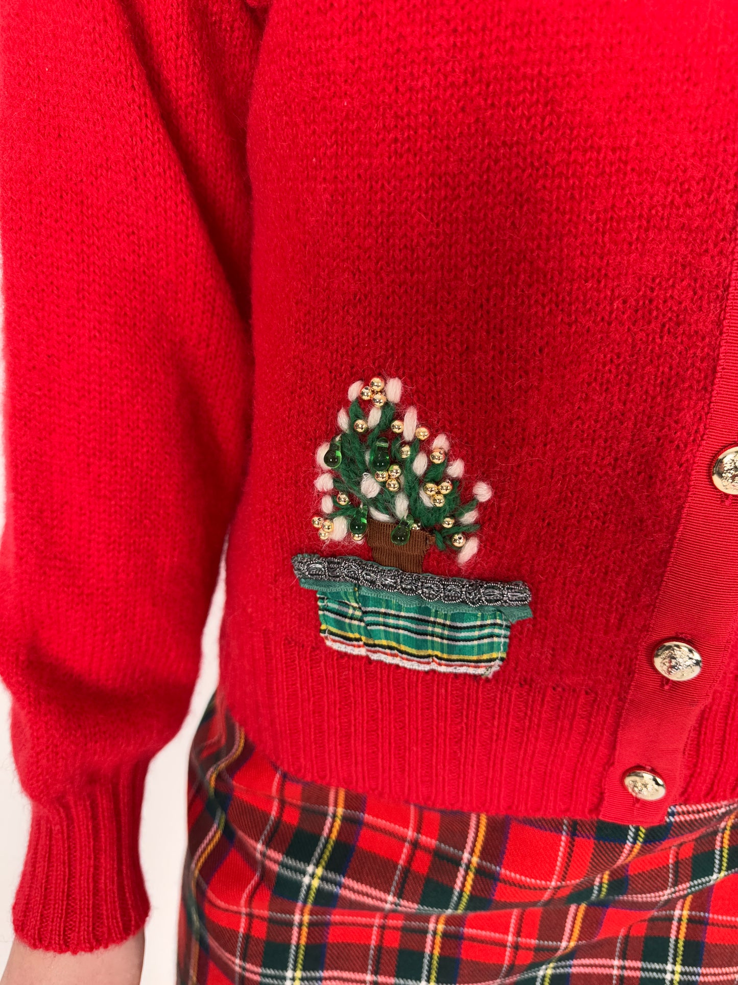 Cardigan vintage classic red din lana plină cu aplicații 3D