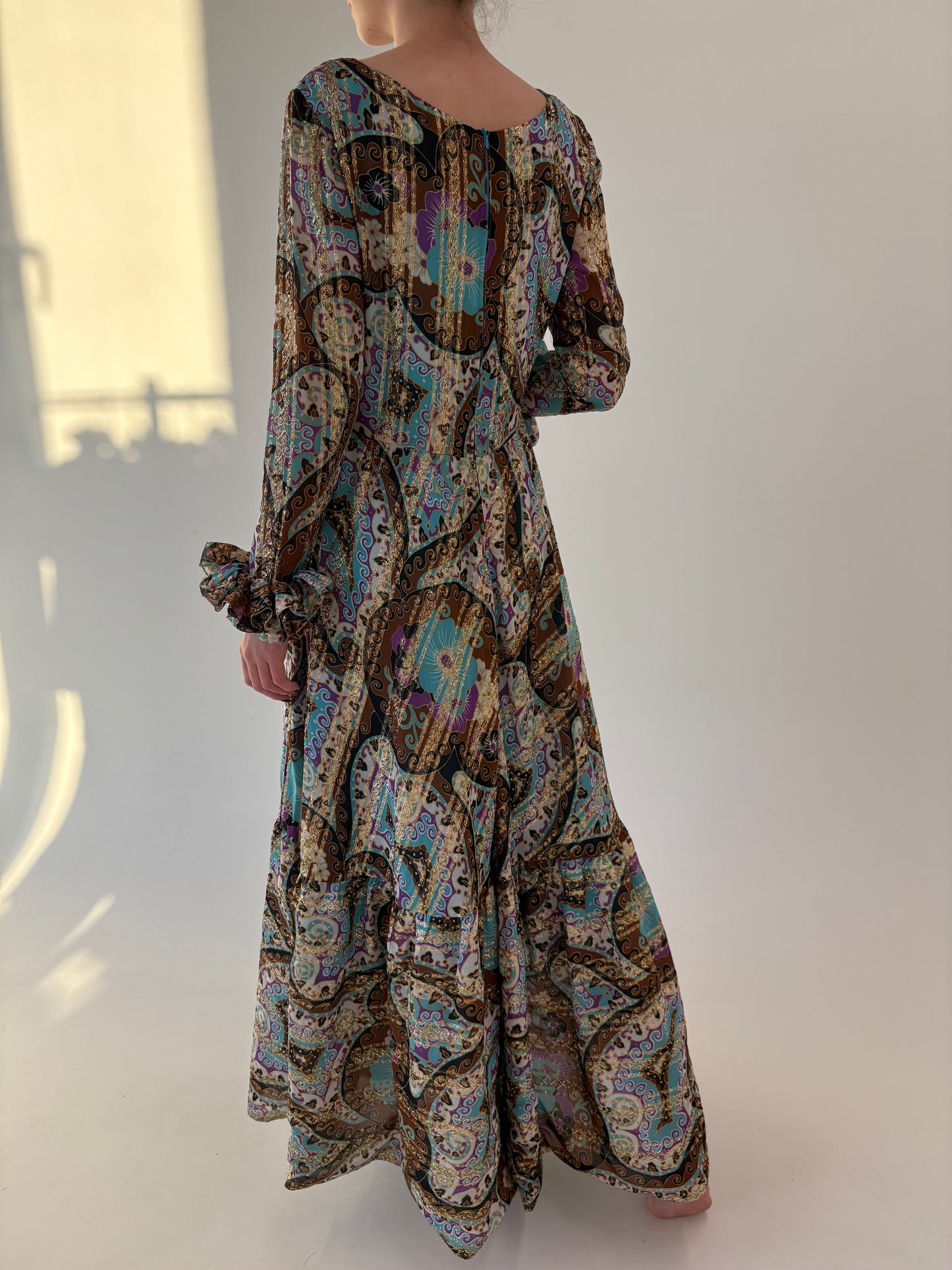Rochie vintage maxi de seară cu print paisley și inserții fine aurii