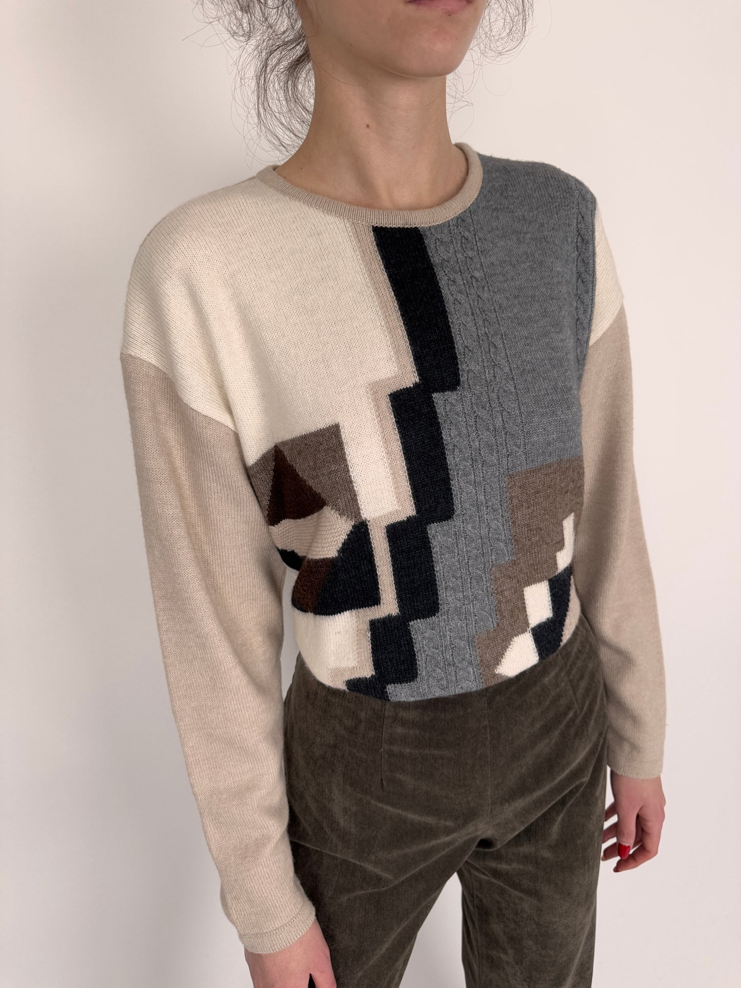 Pulover cu print geometric din lana extrafina de gramaj mare