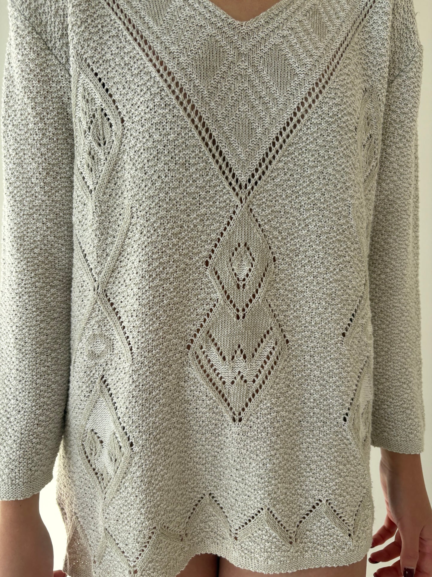 Pulover vintage warm gray dantelat din bumbac gros de gramaj mare