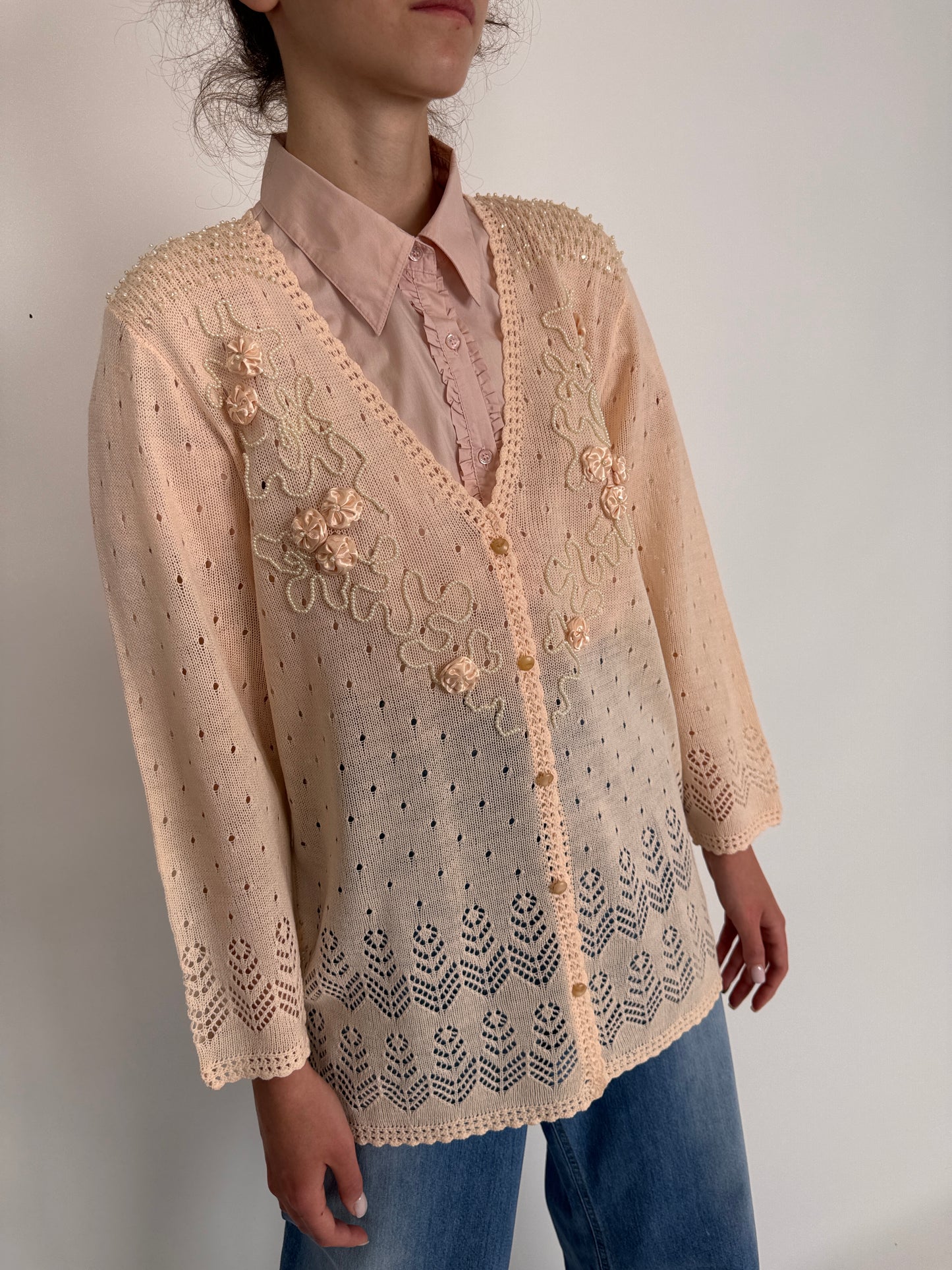 Top vintage bijuterie powder pink din jerse 100% mătase naturală