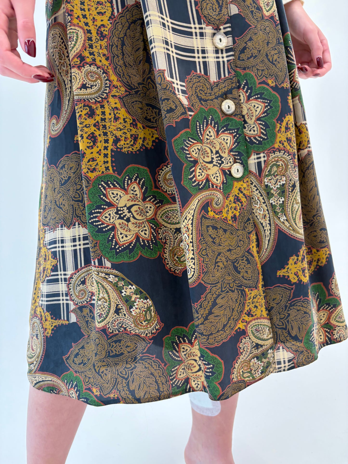 Fustă vintage din mătase naturală cu print paisley și buzunare