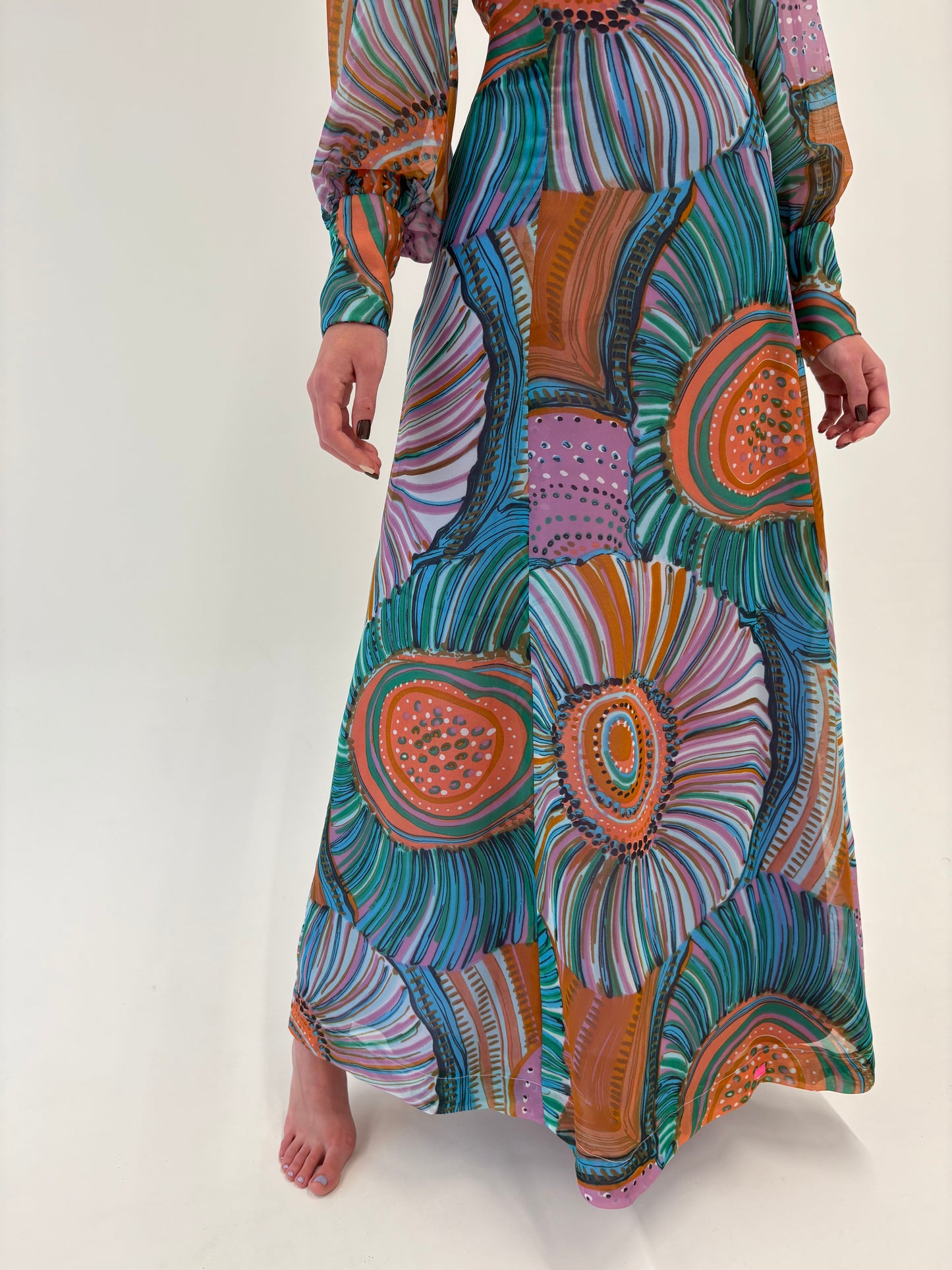 Rochie vintage maxi se seara cu print și manșete înalte