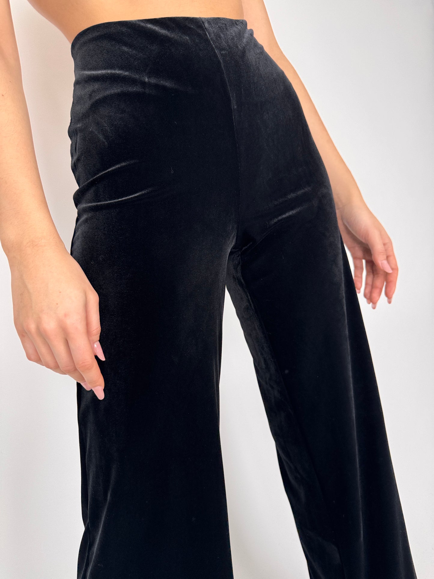 Pantaloni tall din catifea neagră de bumbac strech cu talie ultra înaltă