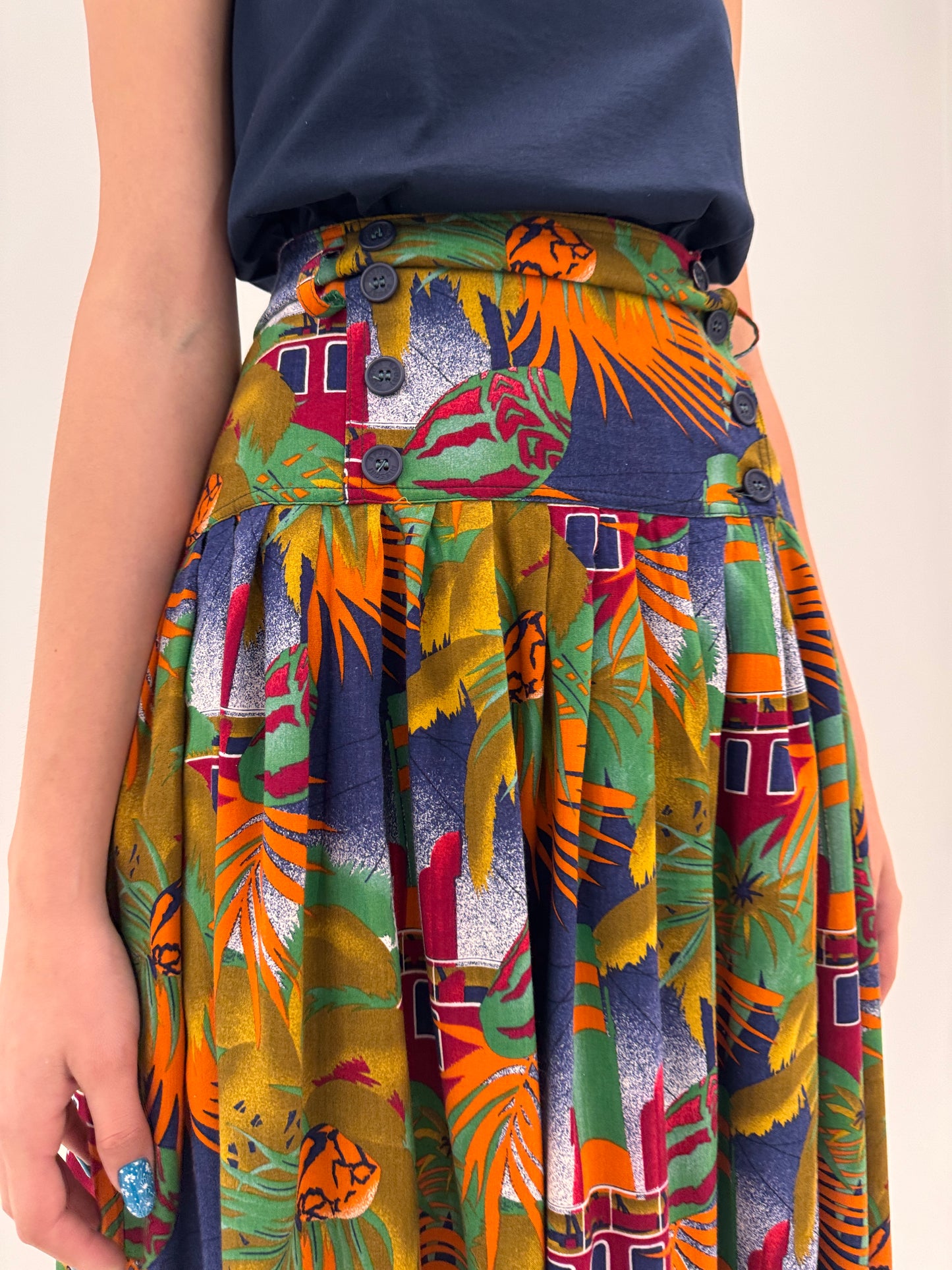 Fustă vintage Missoni cu print organic în culori superbe și talie ultra marcată