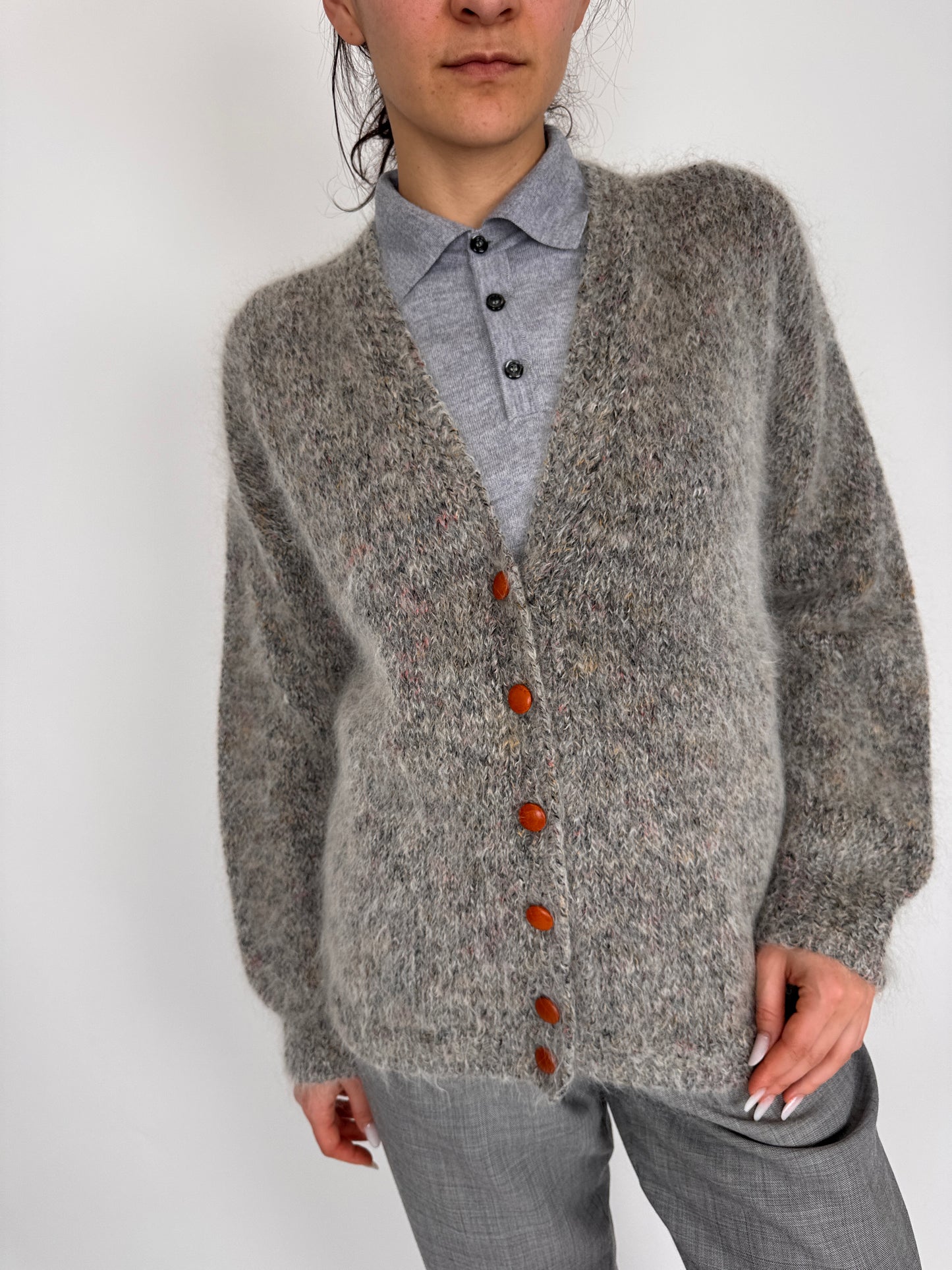 Cardigan vintage excepțional din mohair cu nasturi din piele naturală