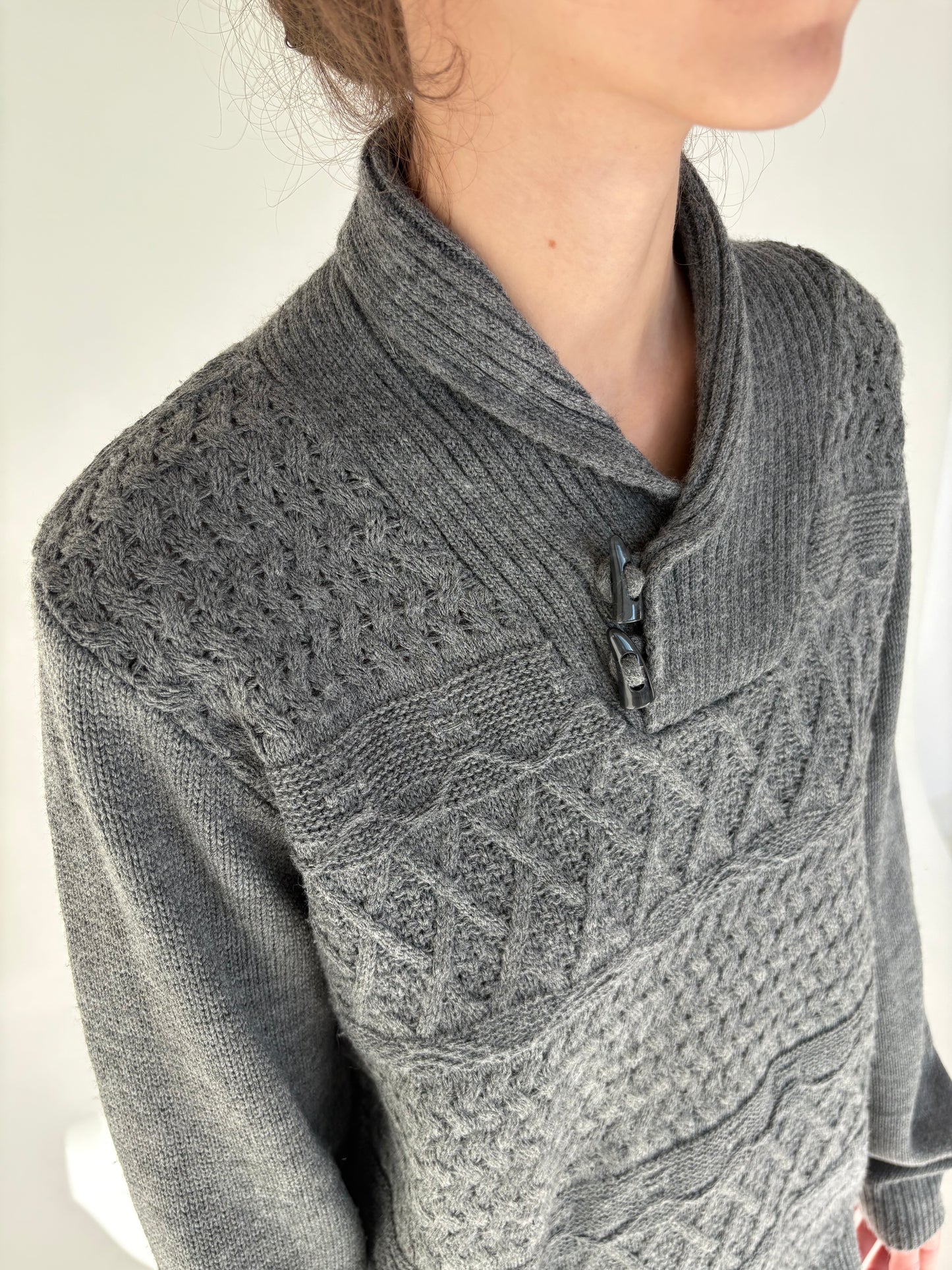Pulover polo shawl collar din lana plină extafina texturată