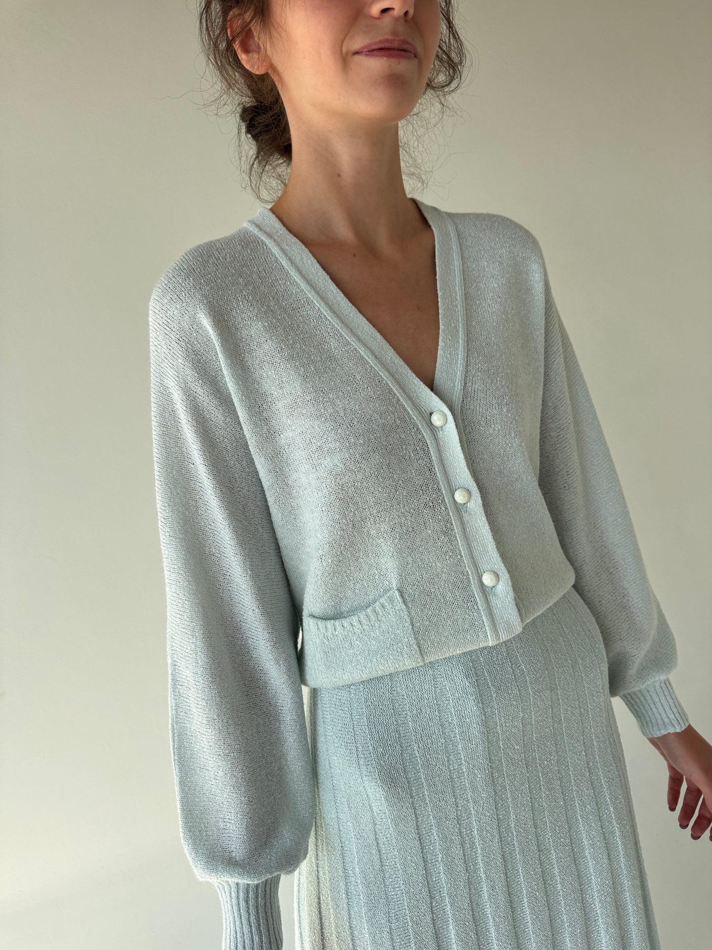 Set vintage mint green din jerse cu fustă plisată