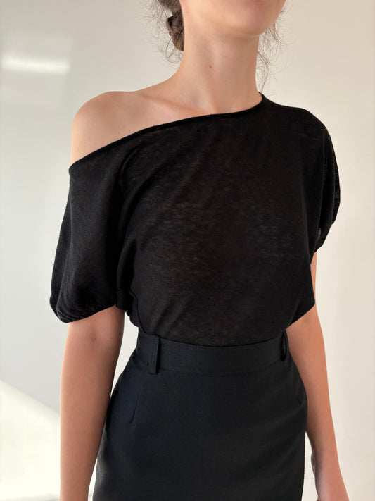 Top negru de brand luxury Twin Set în croi asimetric din jerse de bumbac